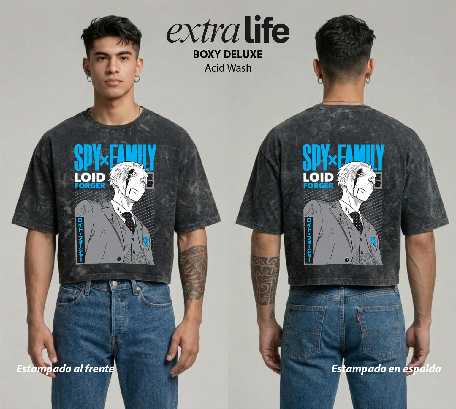 Playera streetwear premium de anime y gaming ExtraLife MX, corte boxy deluxe mineral wash heavyweight en color Acid Wash, moda urbana mexicana de culto.