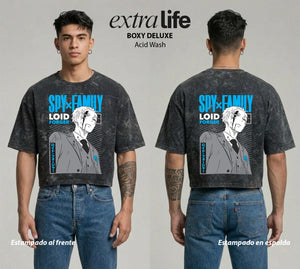 Playera streetwear premium de anime y gaming ExtraLife MX, corte boxy deluxe mineral wash heavyweight en color Acid Wash, moda urbana mexicana de culto.
