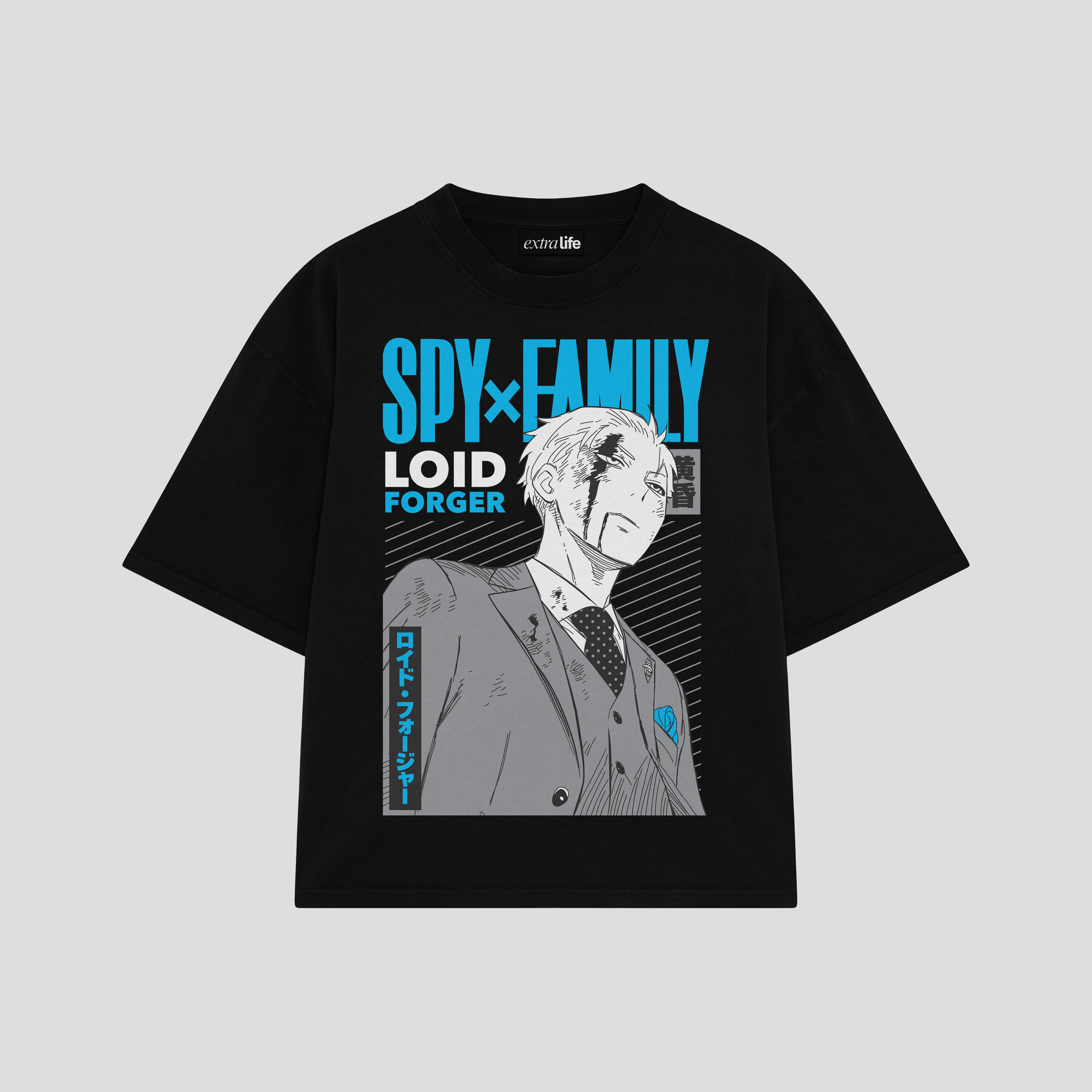 Playera streetwear premium de anime y gaming ExtraLife MX, corte boxy oversized drop shoulder heavyweight en color Deep Black y Off-White, moda urbana mexicana de culto.