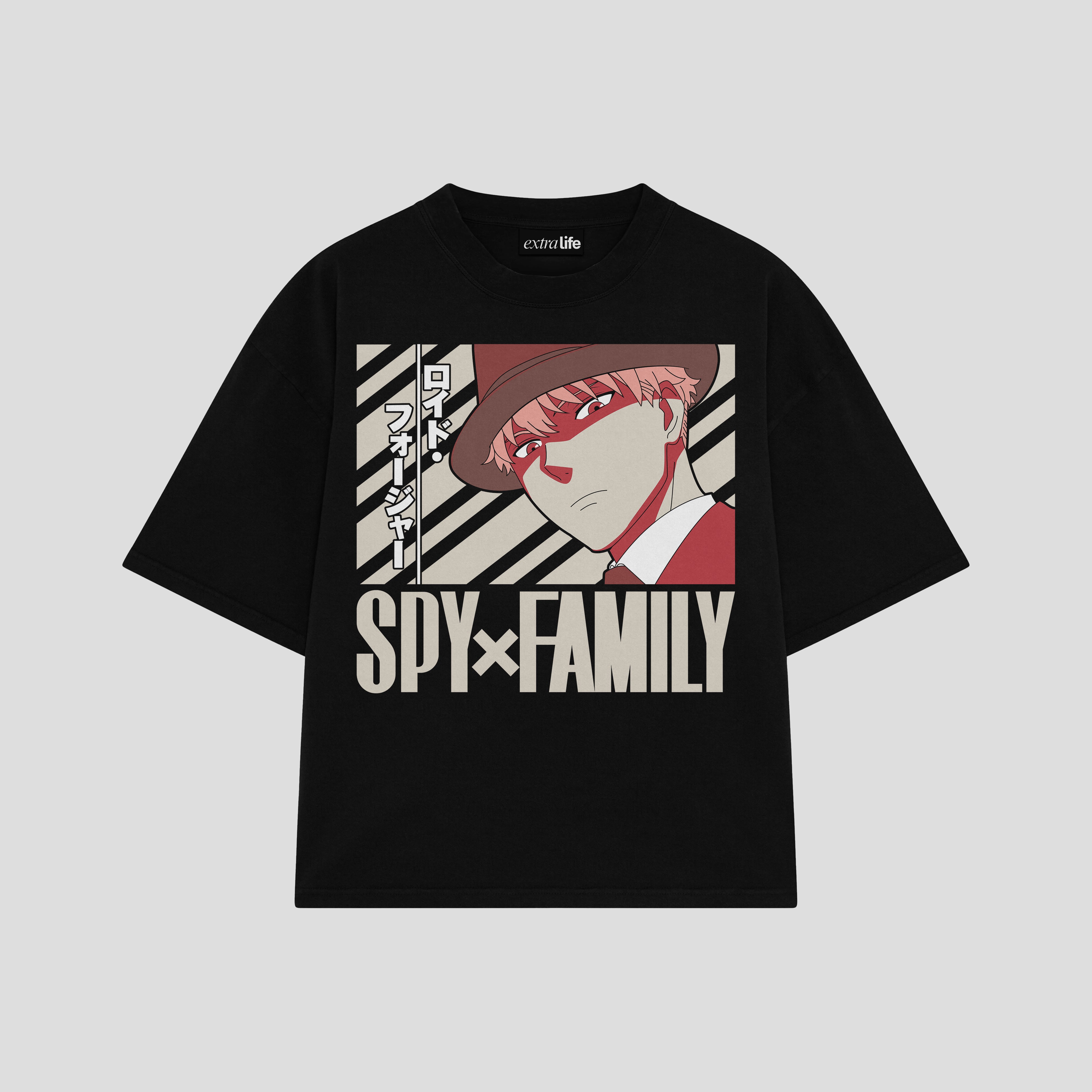 Playera streetwear premium de anime y gaming ExtraLife MX, corte boxy oversized drop shoulder heavyweight en color Deep Black y Off-White, moda urbana mexicana de culto.