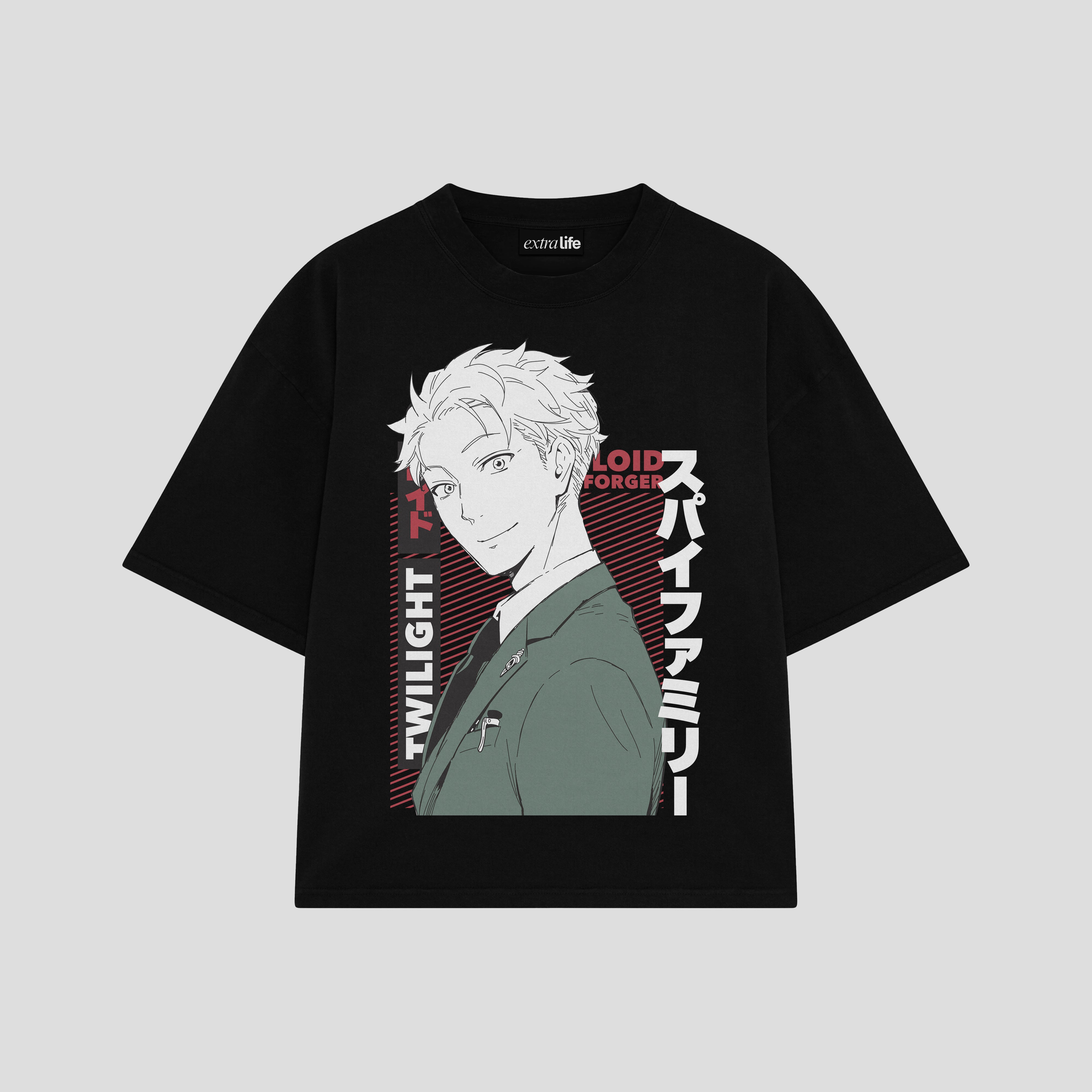 Playera streetwear premium de anime y gaming ExtraLife MX, corte boxy oversized drop shoulder heavyweight en color Deep Black y Off-White, moda urbana mexicana de culto.