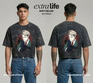 Playera streetwear premium de anime y gaming ExtraLife MX, corte boxy deluxe mineral wash heavyweight en color Acid Wash, moda urbana mexicana de culto.