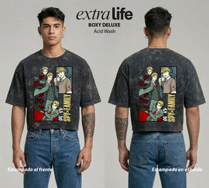Playera streetwear premium de anime y gaming ExtraLife MX, corte boxy deluxe mineral wash heavyweight en color Acid Wash, moda urbana mexicana de culto.