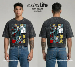 Playera streetwear premium de anime y gaming ExtraLife MX, corte boxy deluxe mineral wash heavyweight en color Acid Wash, moda urbana mexicana de culto.