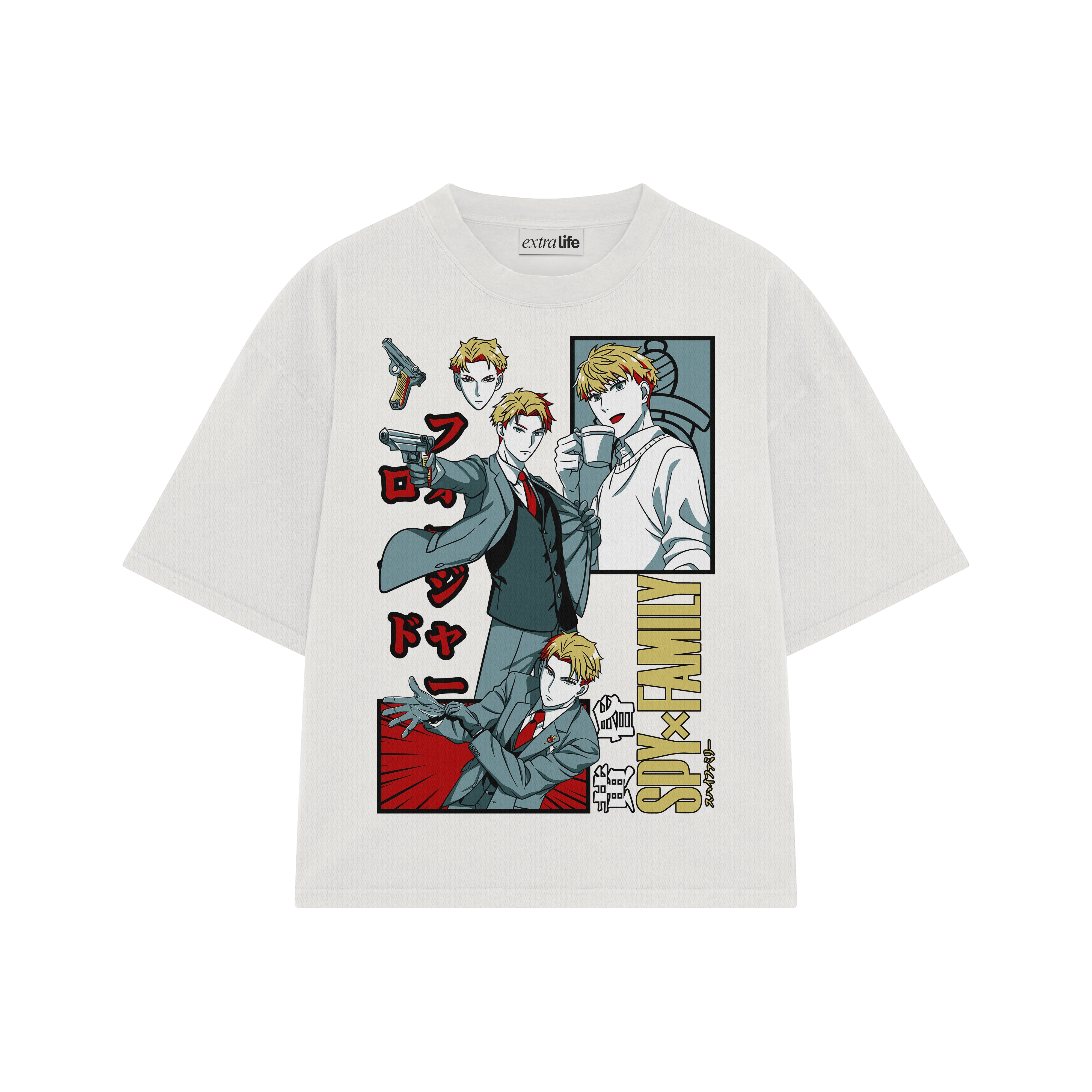 Playera streetwear premium de anime y gaming ExtraLife MX, corte boxy oversized drop shoulder heavyweight en color Deep Black y Off-White, moda urbana mexicana de culto.