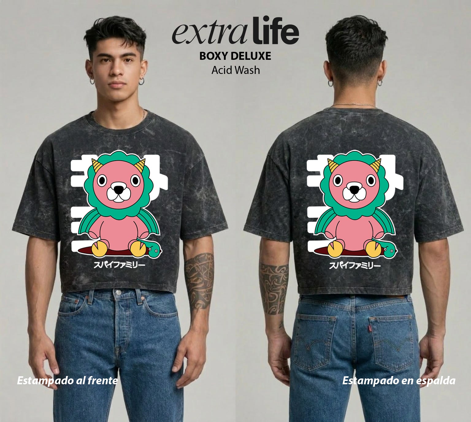Playera streetwear premium de anime y gaming ExtraLife MX, corte boxy deluxe mineral wash heavyweight en color Acid Wash, moda urbana mexicana de culto.