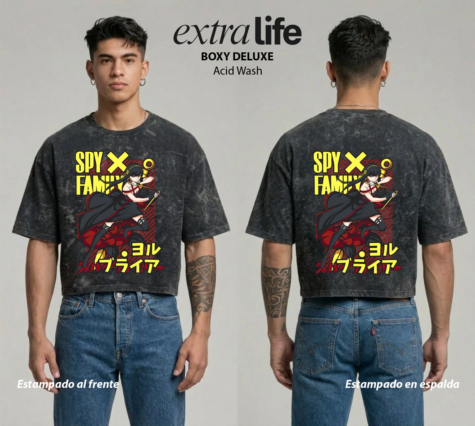 Playera streetwear premium de anime y gaming ExtraLife MX, corte boxy deluxe mineral wash heavyweight en color Acid Wash, moda urbana mexicana de culto.