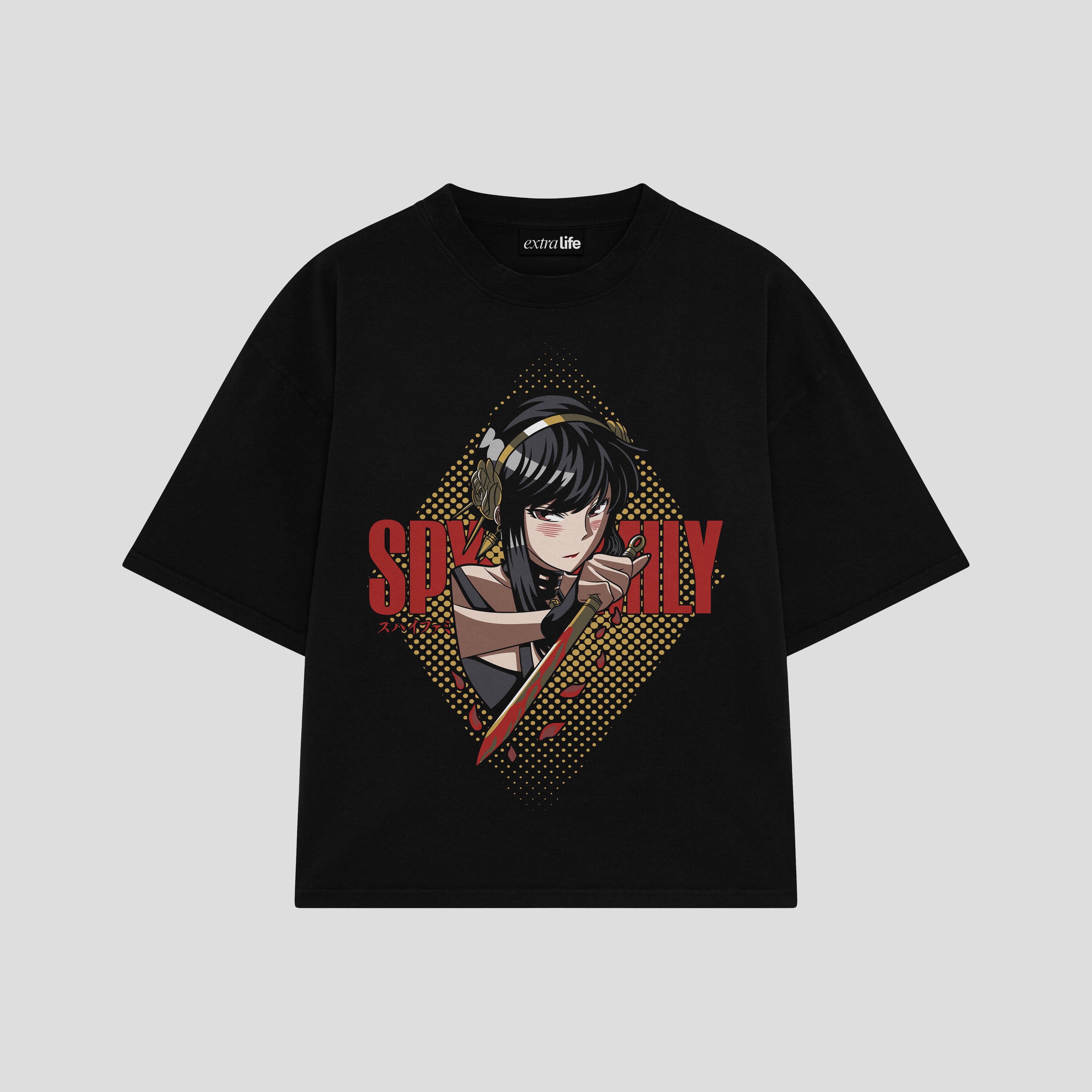 Playera streetwear premium de anime y gaming ExtraLife MX, corte boxy oversized drop shoulder heavyweight en color Deep Black y Off-White, moda urbana mexicana de culto.