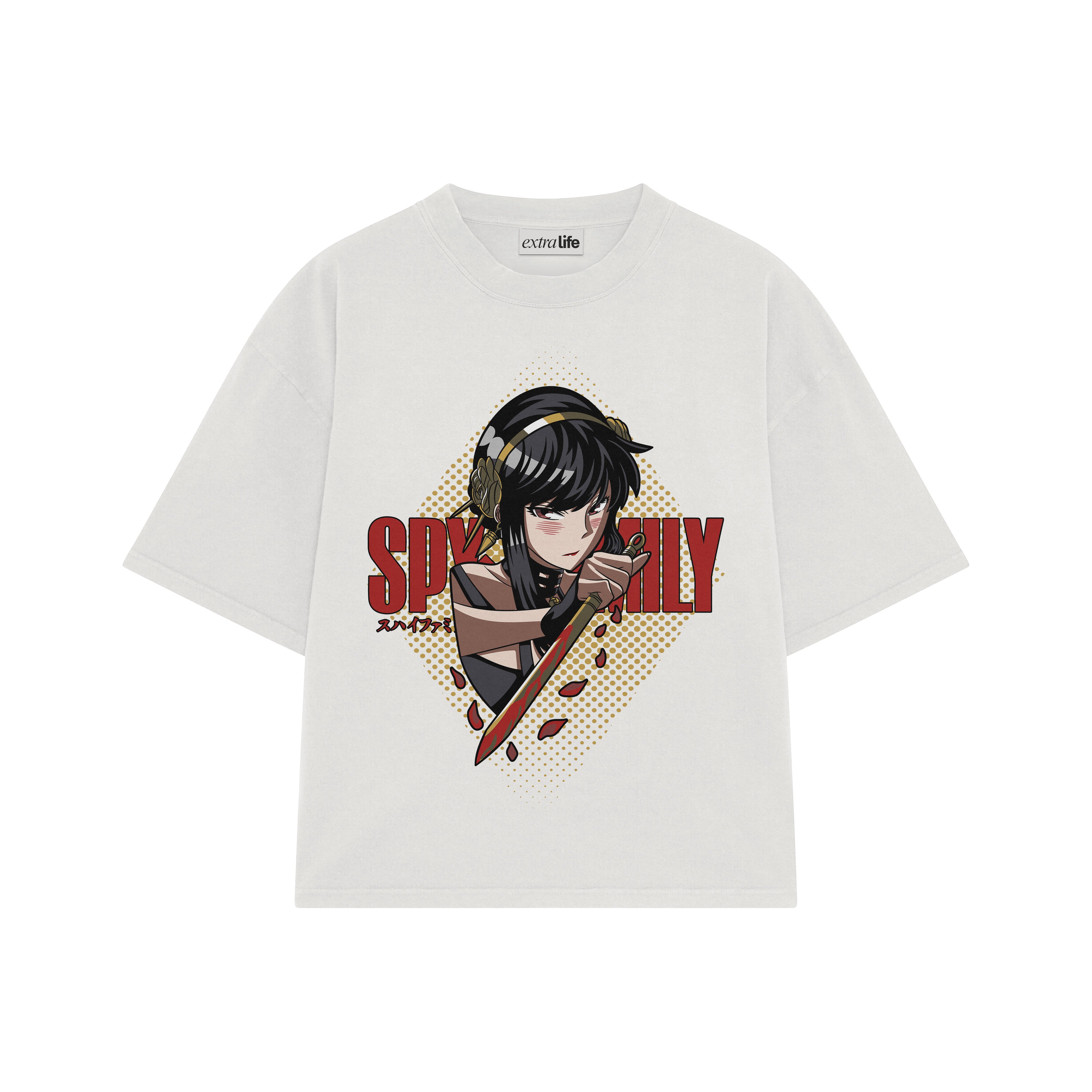 Playera streetwear premium de anime y gaming ExtraLife MX, corte boxy oversized drop shoulder heavyweight en color Deep Black y Off-White, moda urbana mexicana de culto.