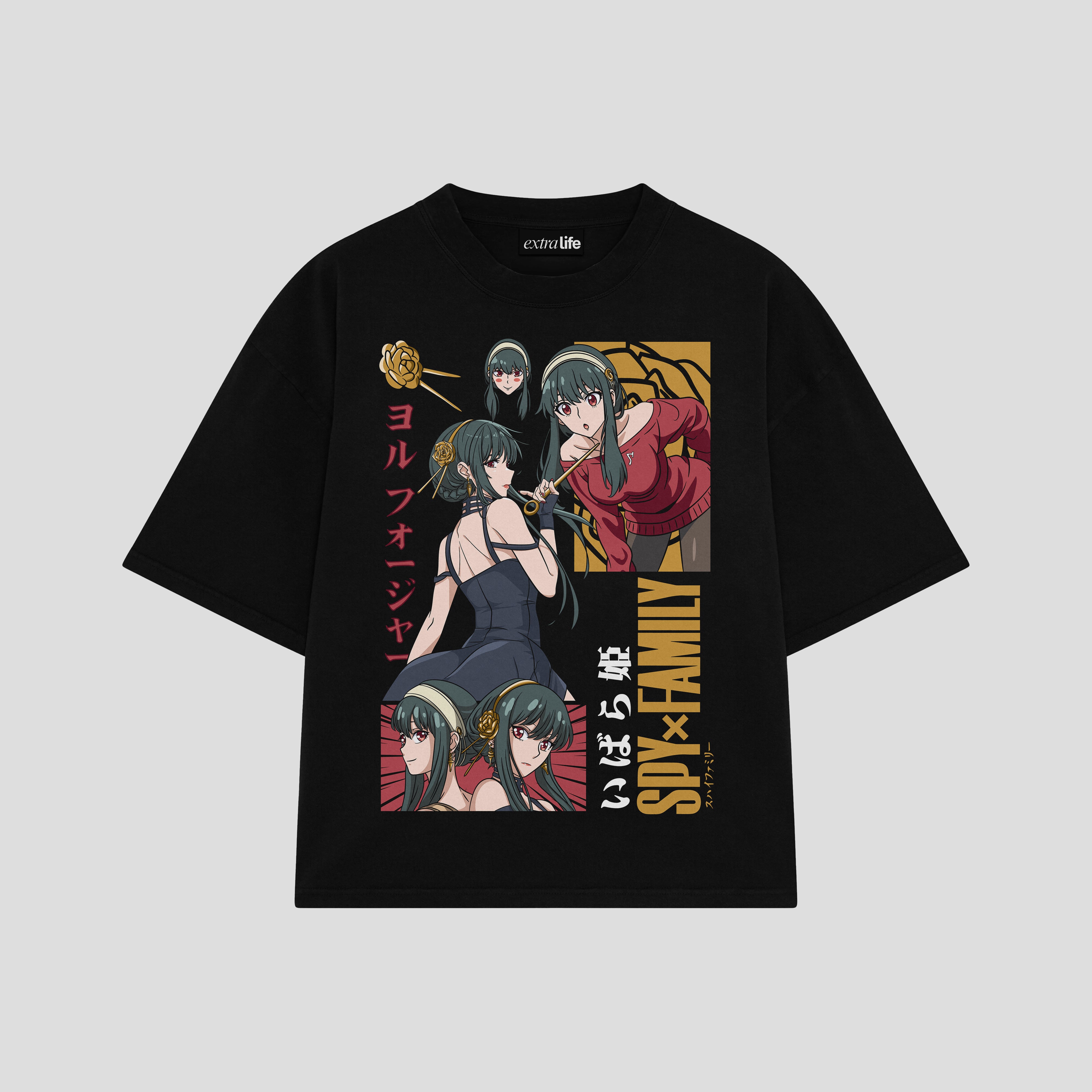 Playera streetwear premium de anime y gaming ExtraLife MX, corte boxy oversized drop shoulder heavyweight en color Deep Black y Off-White, moda urbana mexicana de culto.