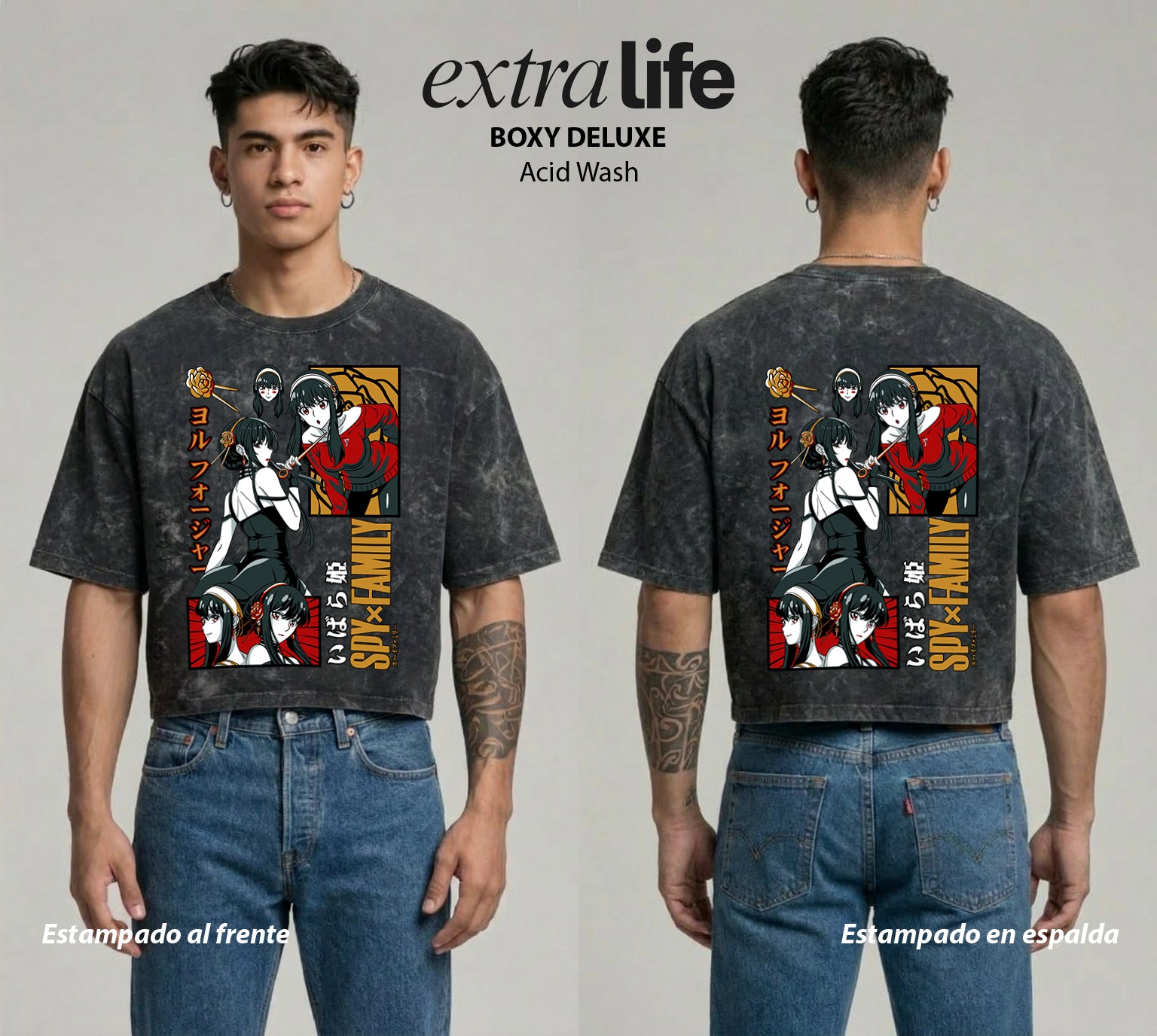 Playera streetwear premium de anime y gaming ExtraLife MX, corte boxy deluxe mineral wash heavyweight en color Acid Wash, moda urbana mexicana de culto.