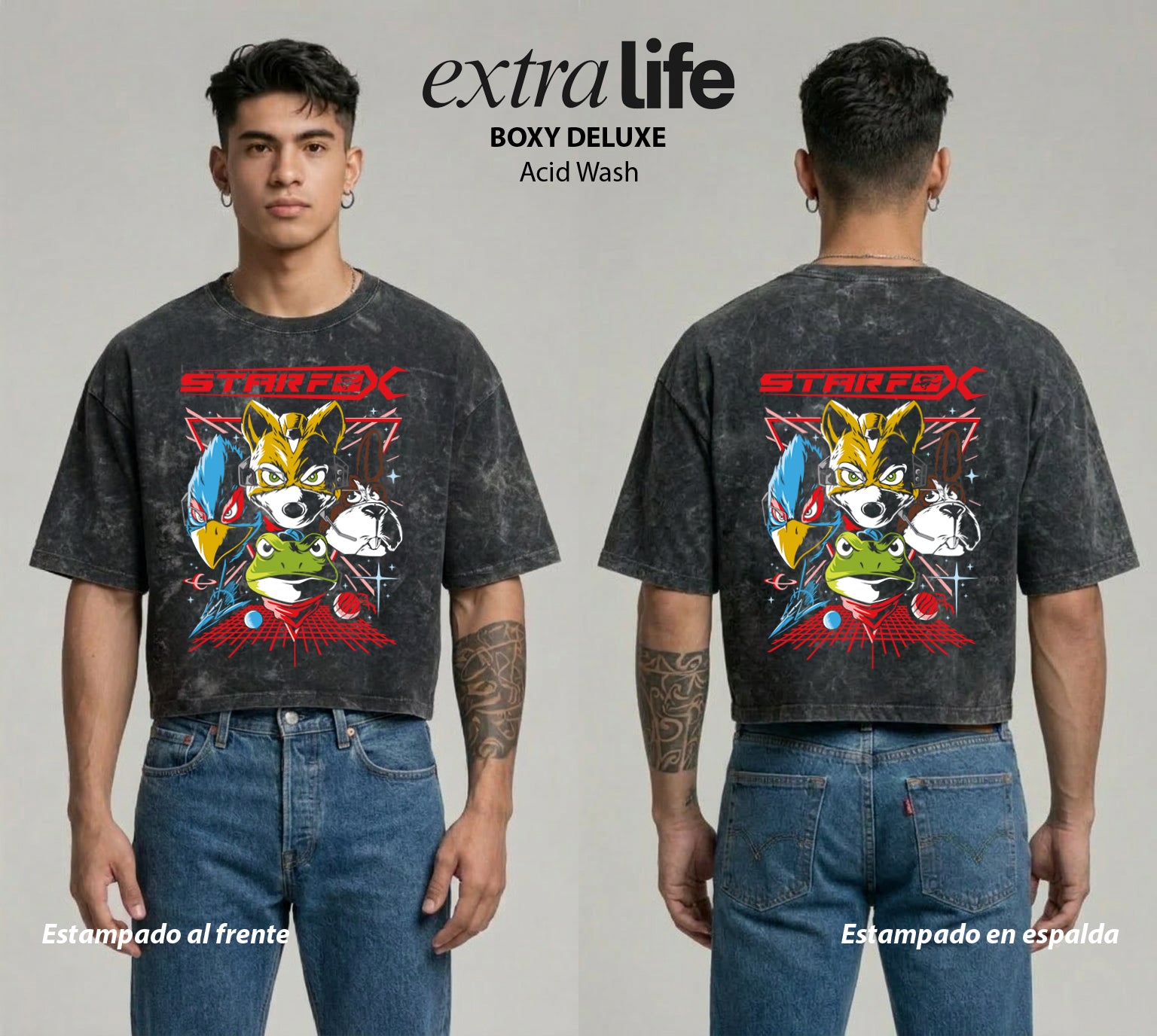 Playera streetwear premium de anime y gaming ExtraLife MX, corte boxy deluxe mineral wash heavyweight en color Acid Wash, moda urbana mexicana de culto.