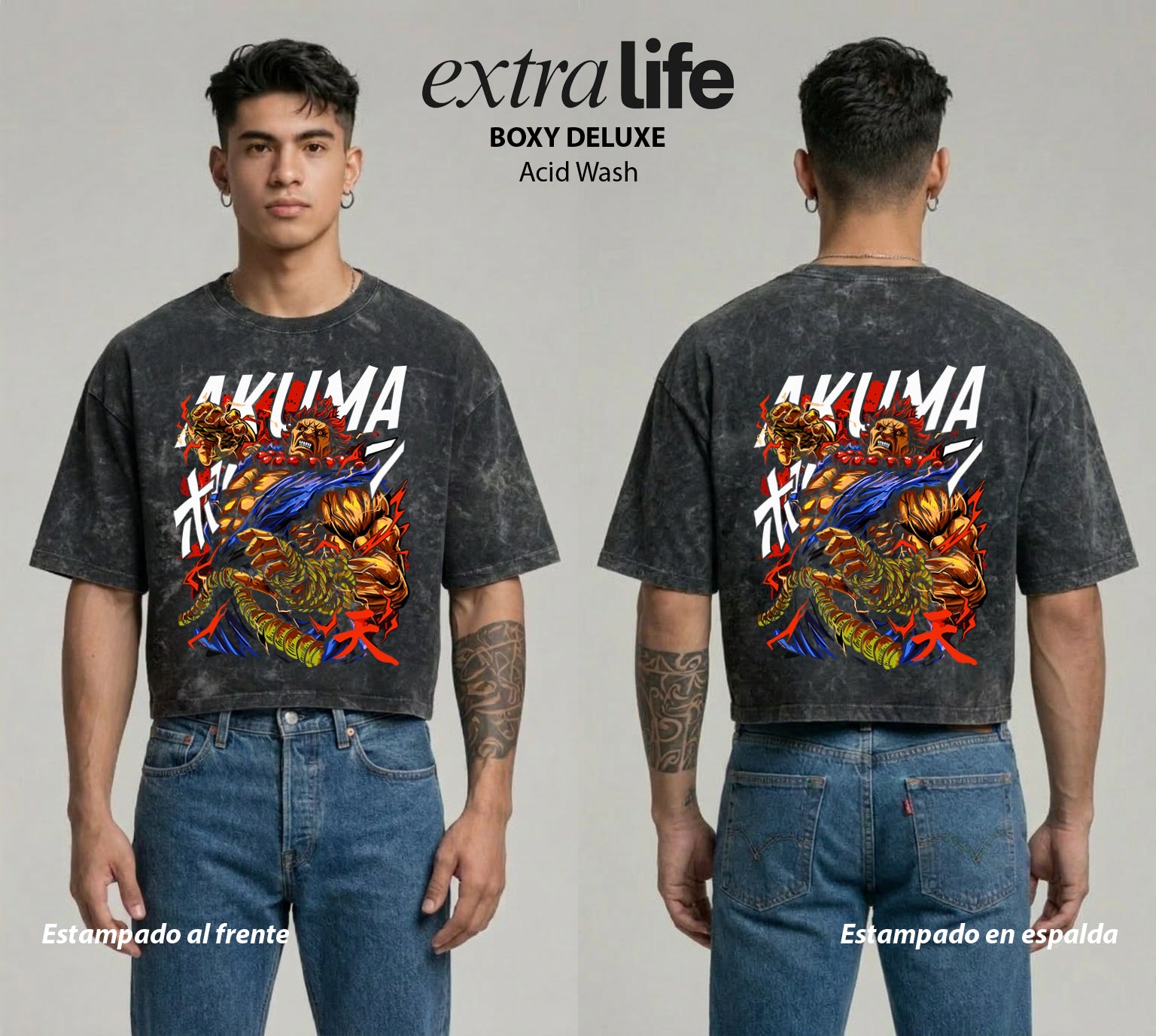Playera streetwear premium de anime y gaming ExtraLife MX, corte boxy deluxe mineral wash heavyweight en color Acid Wash, moda urbana mexicana de culto.
