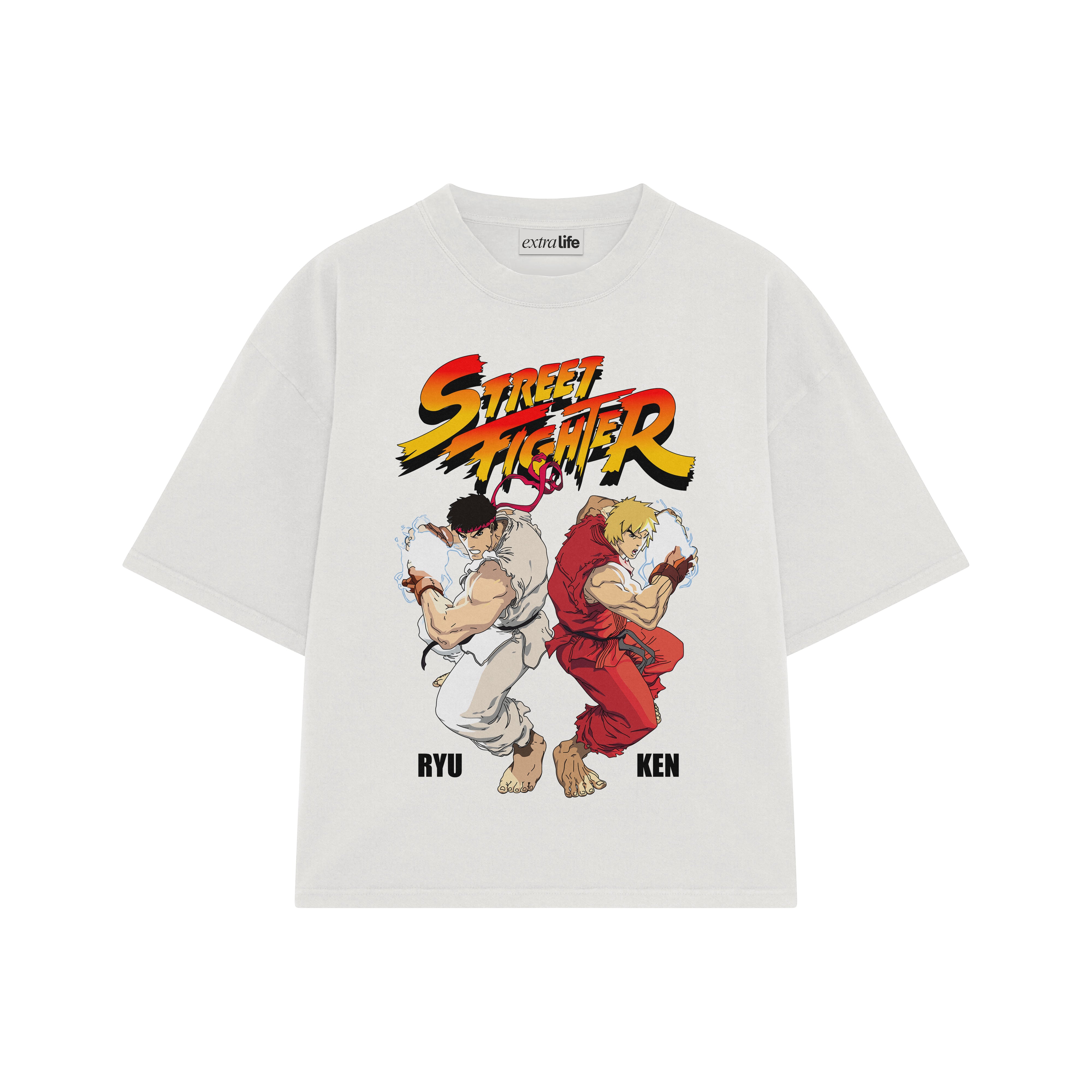 Playera streetwear premium de anime y gaming ExtraLife MX, corte boxy oversized drop shoulder heavyweight en color Deep Black y Off-White, moda urbana mexicana de culto.