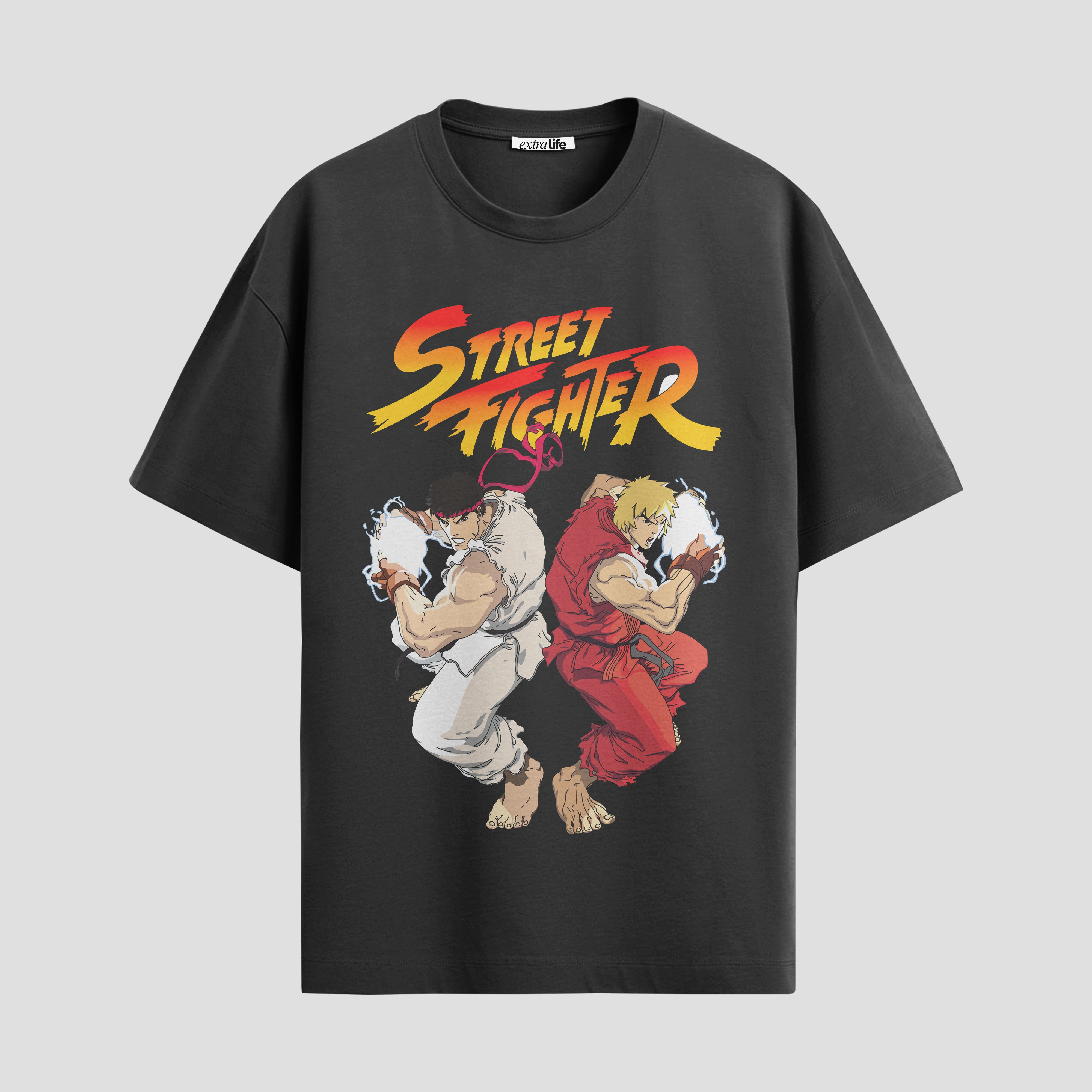 Playera urbana de anime y gaming ExtraLife MX, corte Standard Fit unisex ligero y transpirable en color Deep Black y Pure White, ropa de uso diario para gym y casual.