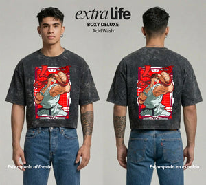 Playera streetwear premium de anime y gaming ExtraLife MX, corte boxy deluxe mineral wash heavyweight en color Acid Wash, moda urbana mexicana de culto.