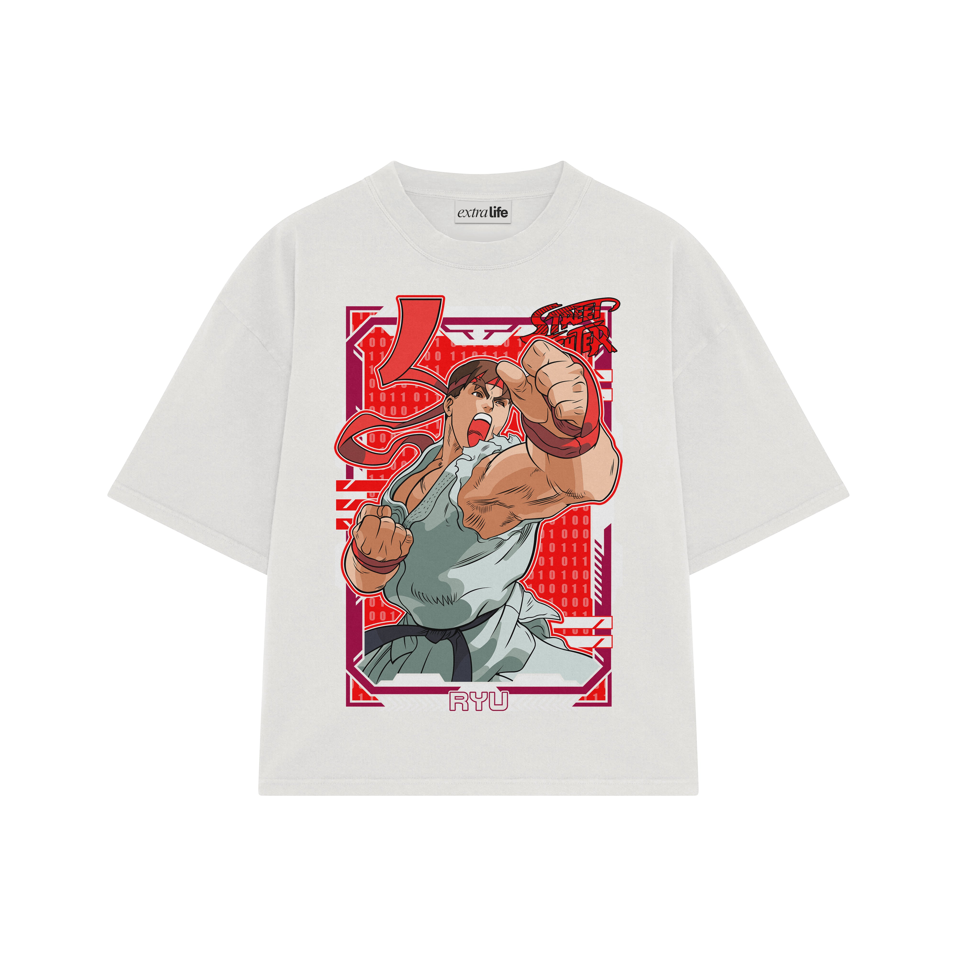 Playera streetwear premium de anime y gaming ExtraLife MX, corte boxy oversized drop shoulder heavyweight en color Deep Black y Off-White, moda urbana mexicana de culto.