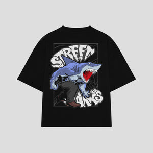 Playera streetwear premium de anime y gaming ExtraLife MX, corte boxy oversized drop shoulder heavyweight en color Deep Black y Off-White, moda urbana mexicana de culto.