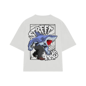 Playera streetwear premium de anime y gaming ExtraLife MX, corte boxy oversized drop shoulder heavyweight en color Deep Black y Off-White, moda urbana mexicana de culto.