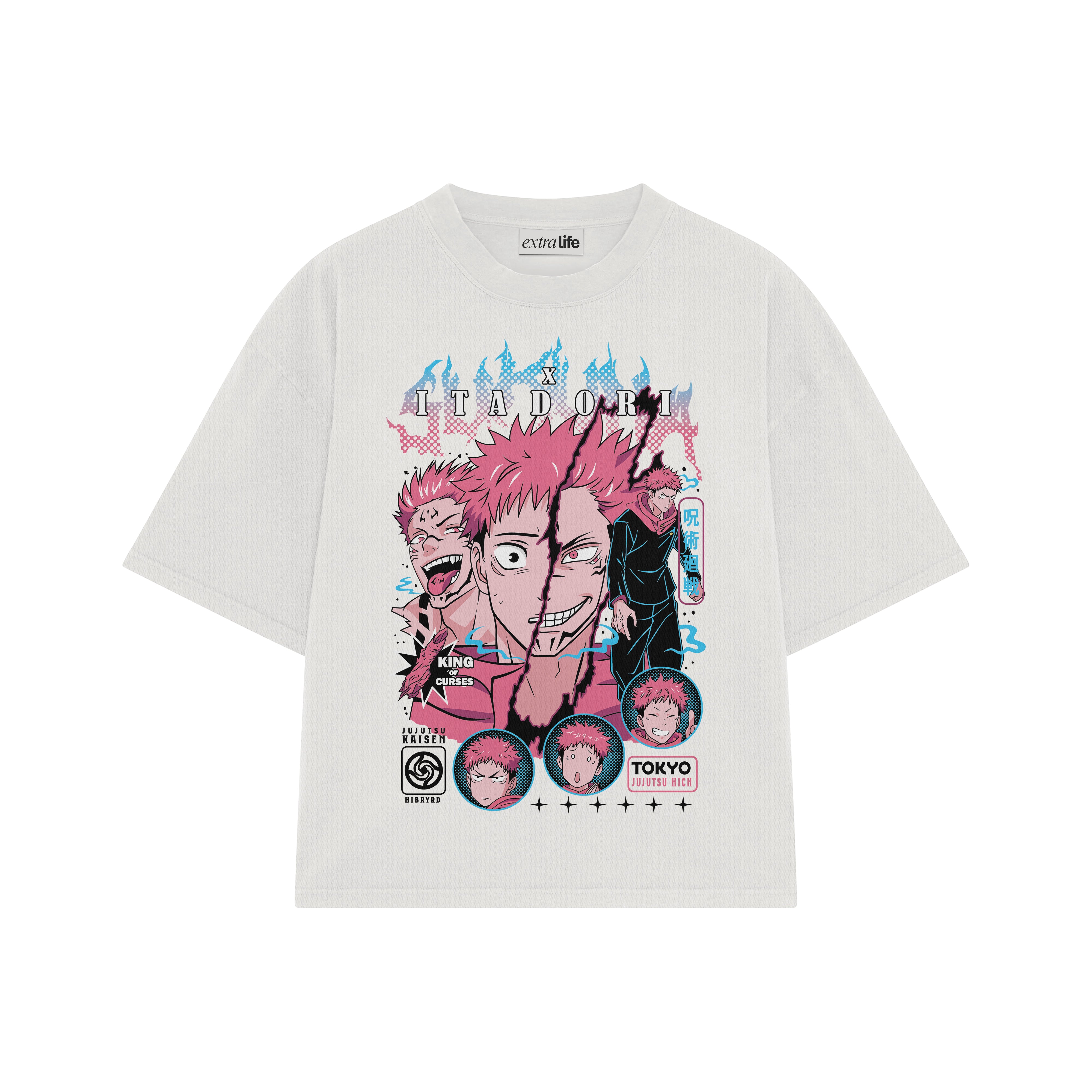 Playera streetwear premium de anime y gaming ExtraLife MX, corte boxy oversized drop shoulder heavyweight en color Deep Black y Off-White, moda urbana mexicana de culto.