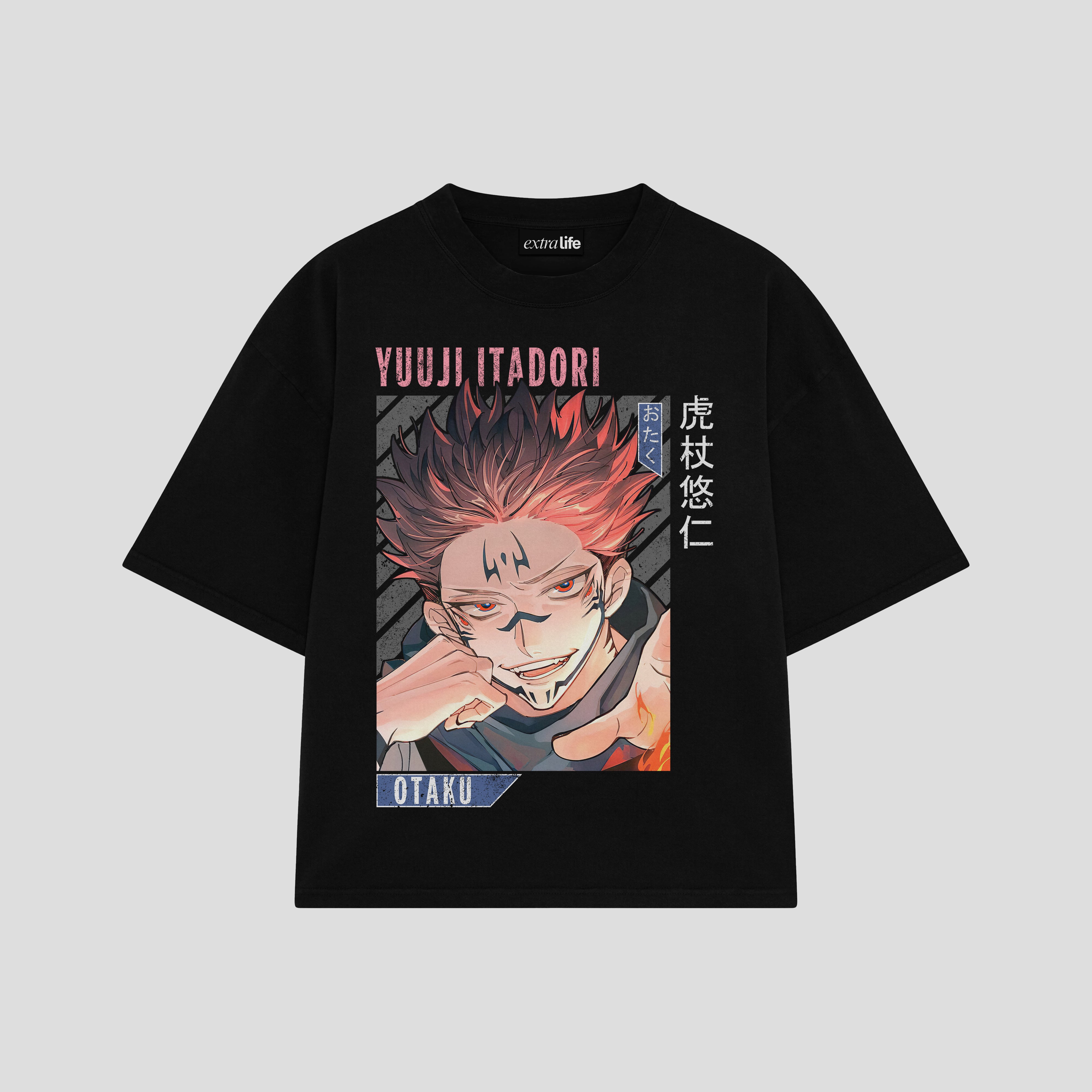 Playera streetwear premium de anime y gaming ExtraLife MX, corte boxy oversized drop shoulder heavyweight en color Deep Black y Off-White, moda urbana mexicana de culto.