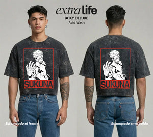 Playera streetwear premium de anime y gaming ExtraLife MX, corte boxy deluxe mineral wash heavyweight en color Acid Wash, moda urbana mexicana de culto.