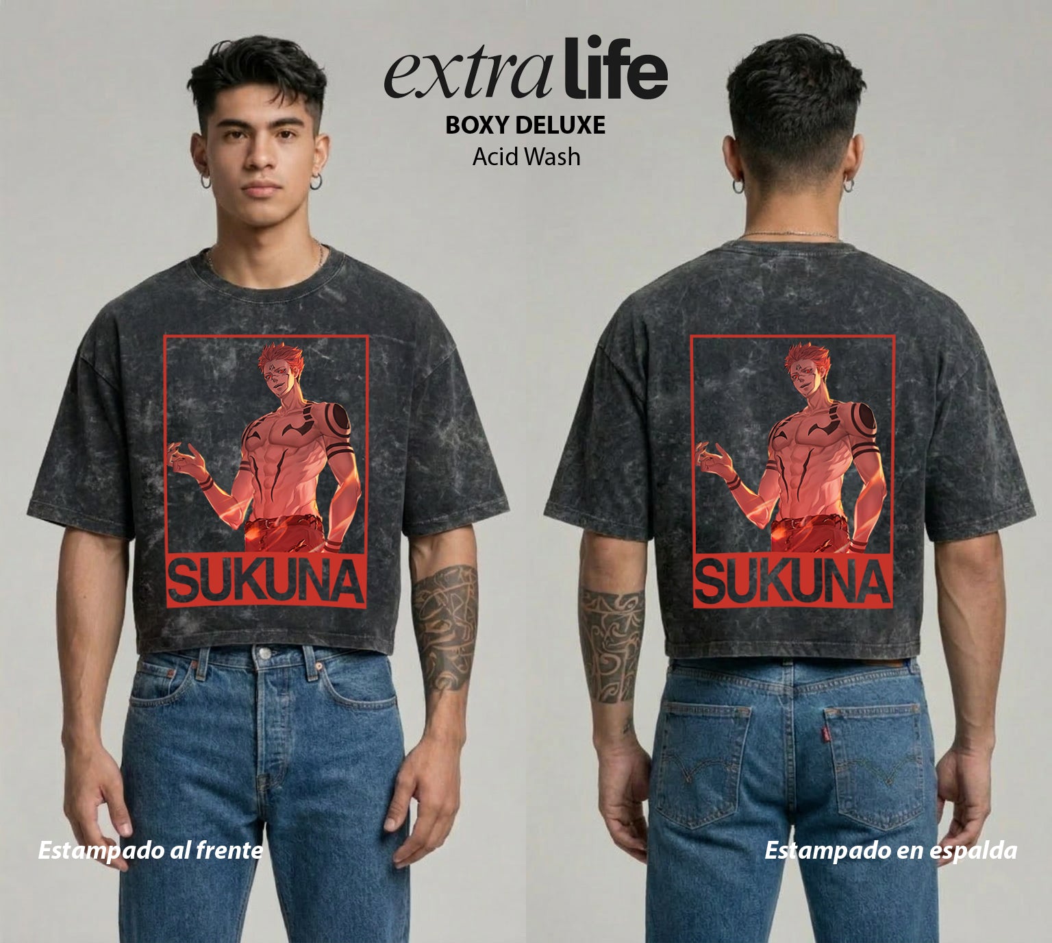 Playera streetwear premium de anime y gaming ExtraLife MX, corte boxy deluxe mineral wash heavyweight en color Acid Wash, moda urbana mexicana de culto.