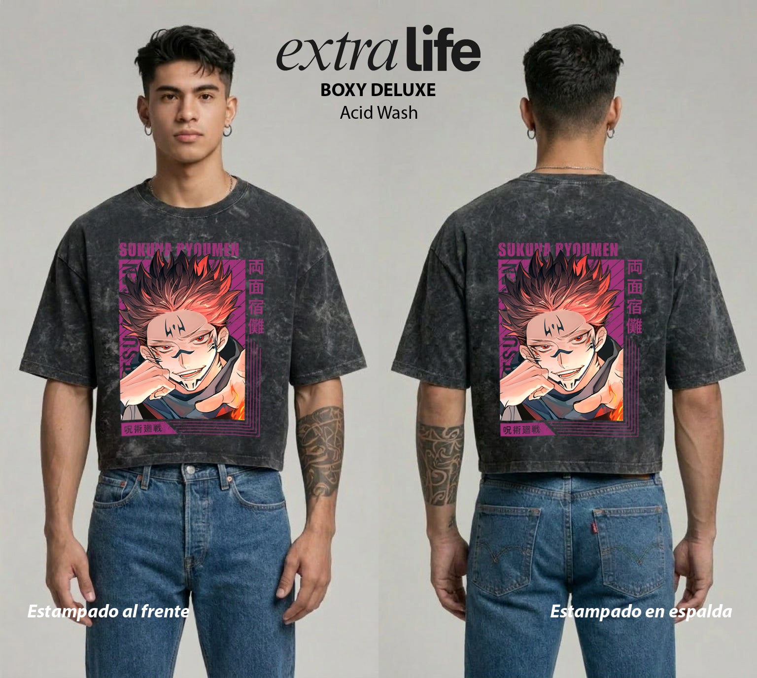 Playera streetwear premium de anime y gaming ExtraLife MX, corte boxy deluxe mineral wash heavyweight en color Acid Wash, moda urbana mexicana de culto.