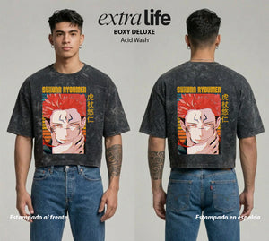 Playera streetwear premium de anime y gaming ExtraLife MX, corte boxy deluxe mineral wash heavyweight en color Acid Wash, moda urbana mexicana de culto.