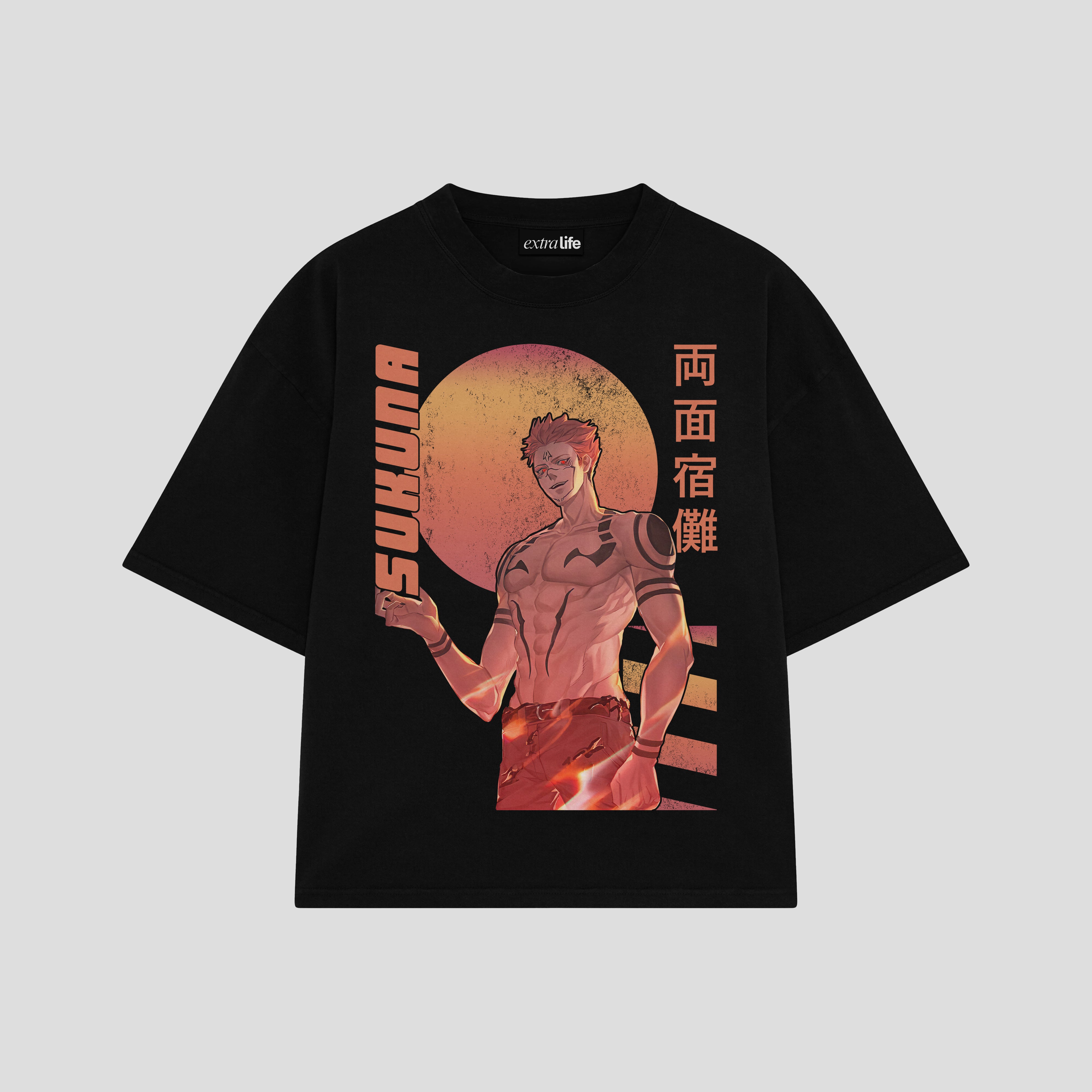 Playera streetwear premium de anime y gaming ExtraLife MX, corte boxy oversized drop shoulder heavyweight en color Deep Black y Off-White, moda urbana mexicana de culto.
