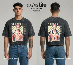 Playera streetwear premium de anime y gaming ExtraLife MX, corte boxy deluxe mineral wash heavyweight en color Acid Wash, moda urbana mexicana de culto.