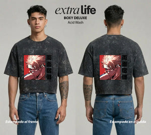 Playera streetwear premium de anime y gaming ExtraLife MX, corte boxy deluxe mineral wash heavyweight en color Acid Wash, moda urbana mexicana de culto.