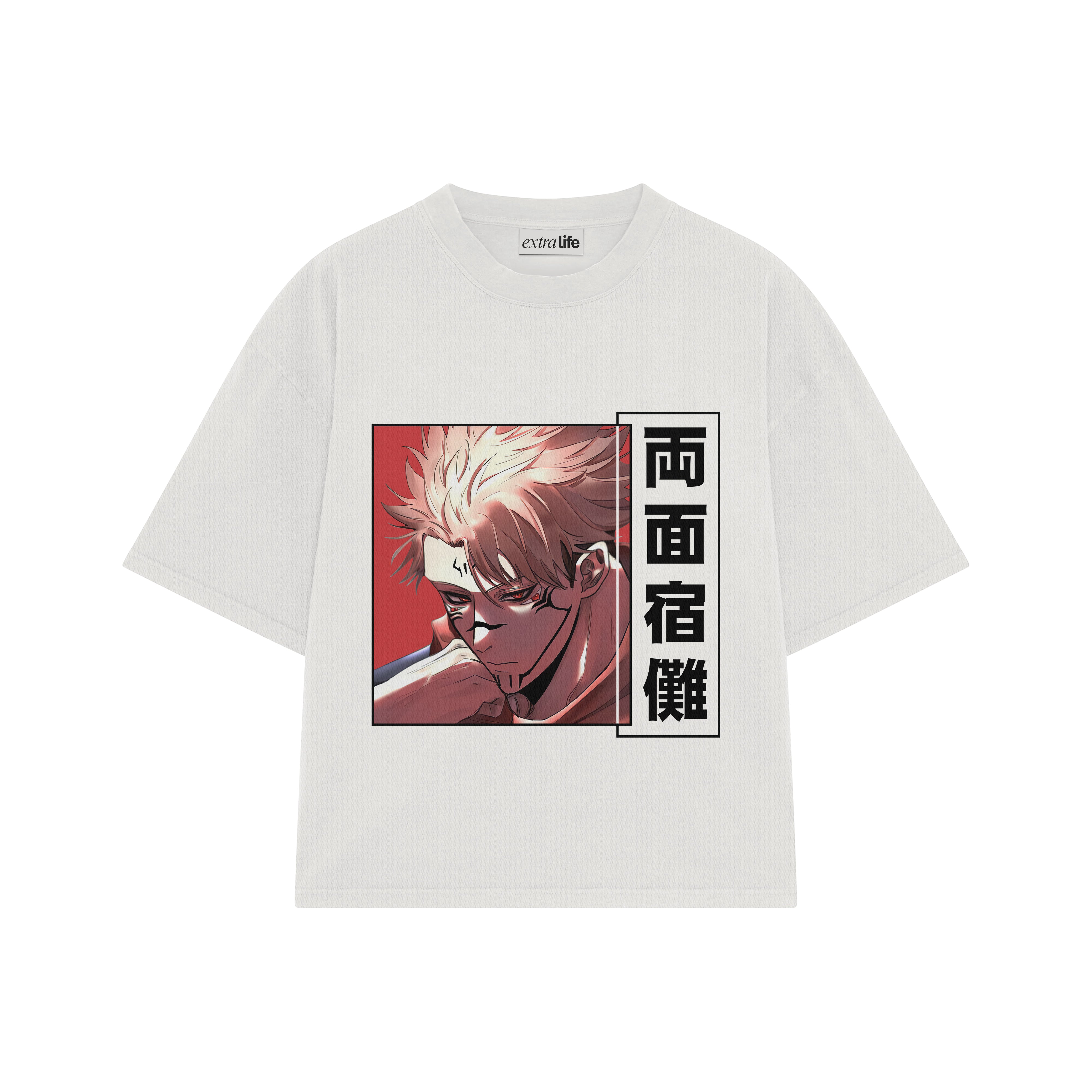 Playera streetwear premium de anime y gaming ExtraLife MX, corte boxy oversized drop shoulder heavyweight en color Deep Black y Off-White, moda urbana mexicana de culto.