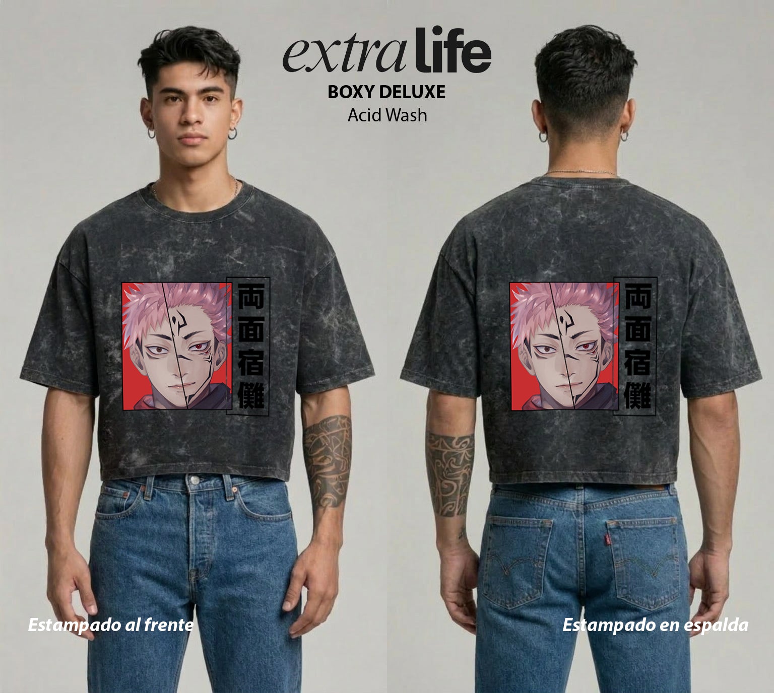 Playera streetwear premium de anime y gaming ExtraLife MX, corte boxy deluxe mineral wash heavyweight en color Acid Wash, moda urbana mexicana de culto.