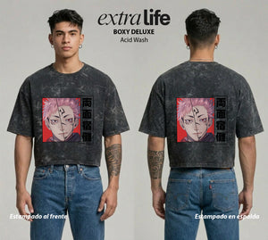 Playera streetwear premium de anime y gaming ExtraLife MX, corte boxy deluxe mineral wash heavyweight en color Acid Wash, moda urbana mexicana de culto.