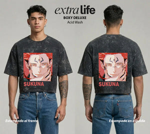 Playera streetwear premium de anime y gaming ExtraLife MX, corte boxy deluxe mineral wash heavyweight en color Acid Wash, moda urbana mexicana de culto.