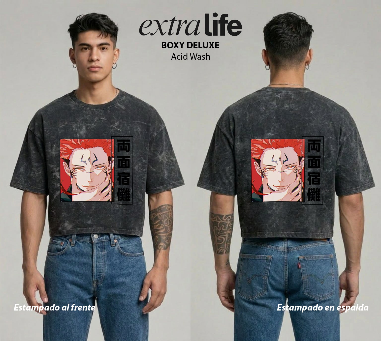 Playera streetwear premium de anime y gaming ExtraLife MX, corte boxy deluxe mineral wash heavyweight en color Acid Wash, moda urbana mexicana de culto.