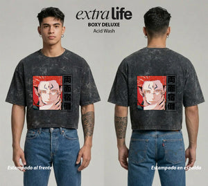 Playera streetwear premium de anime y gaming ExtraLife MX, corte boxy deluxe mineral wash heavyweight en color Acid Wash, moda urbana mexicana de culto.