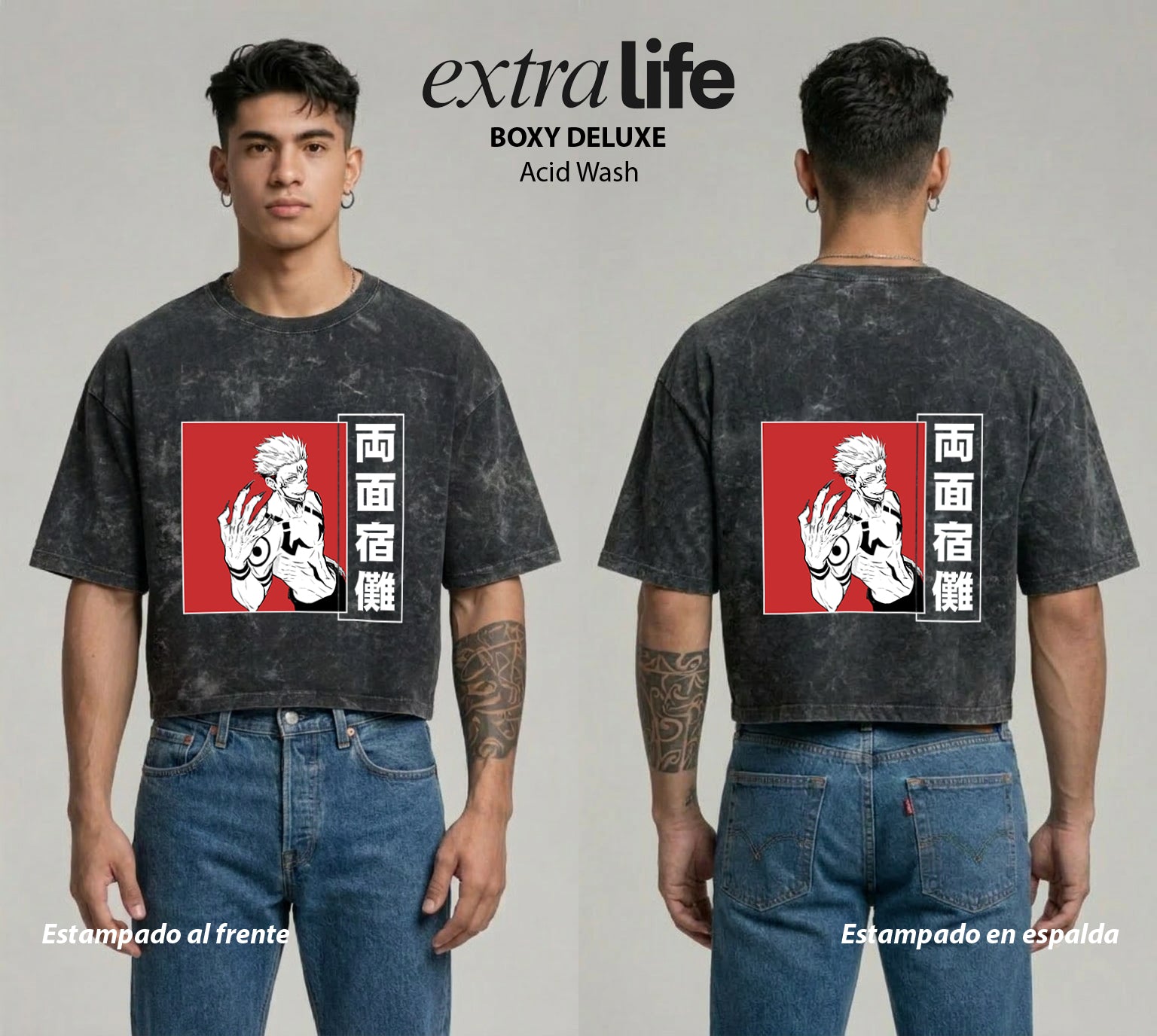 Playera streetwear premium de anime y gaming ExtraLife MX, corte boxy deluxe mineral wash heavyweight en color Acid Wash, moda urbana mexicana de culto.