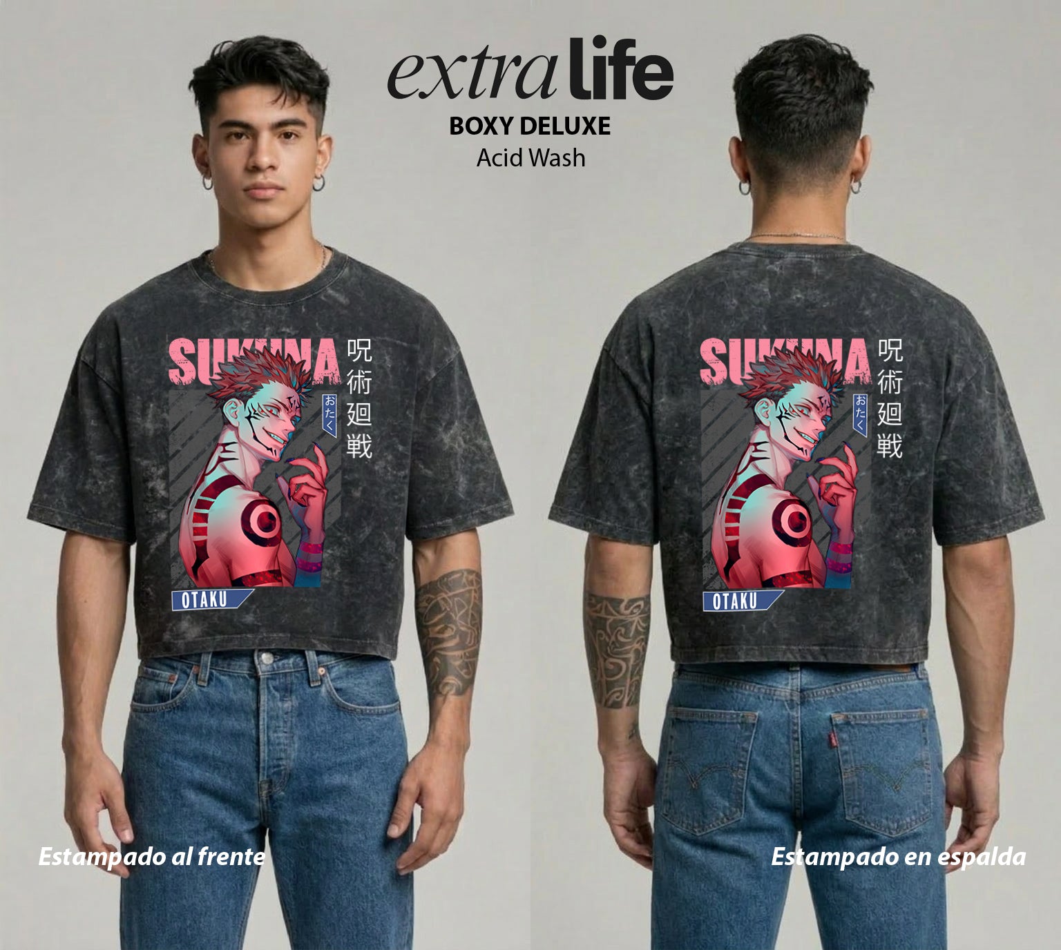 Playera streetwear premium de anime y gaming ExtraLife MX, corte boxy deluxe mineral wash heavyweight en color Acid Wash, moda urbana mexicana de culto.