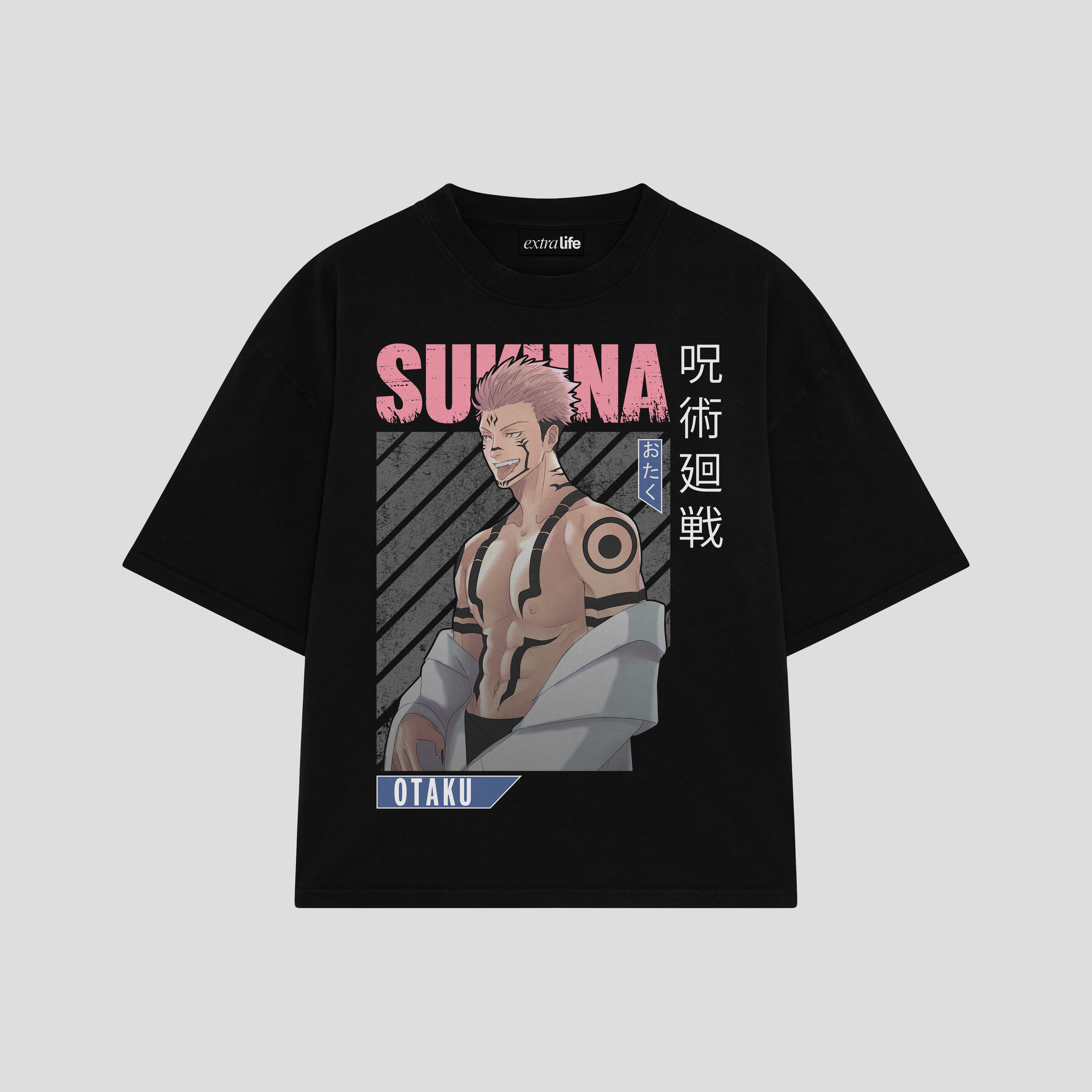 Playera streetwear premium de anime y gaming ExtraLife MX, corte boxy oversized drop shoulder heavyweight en color Deep Black y Off-White, moda urbana mexicana de culto.