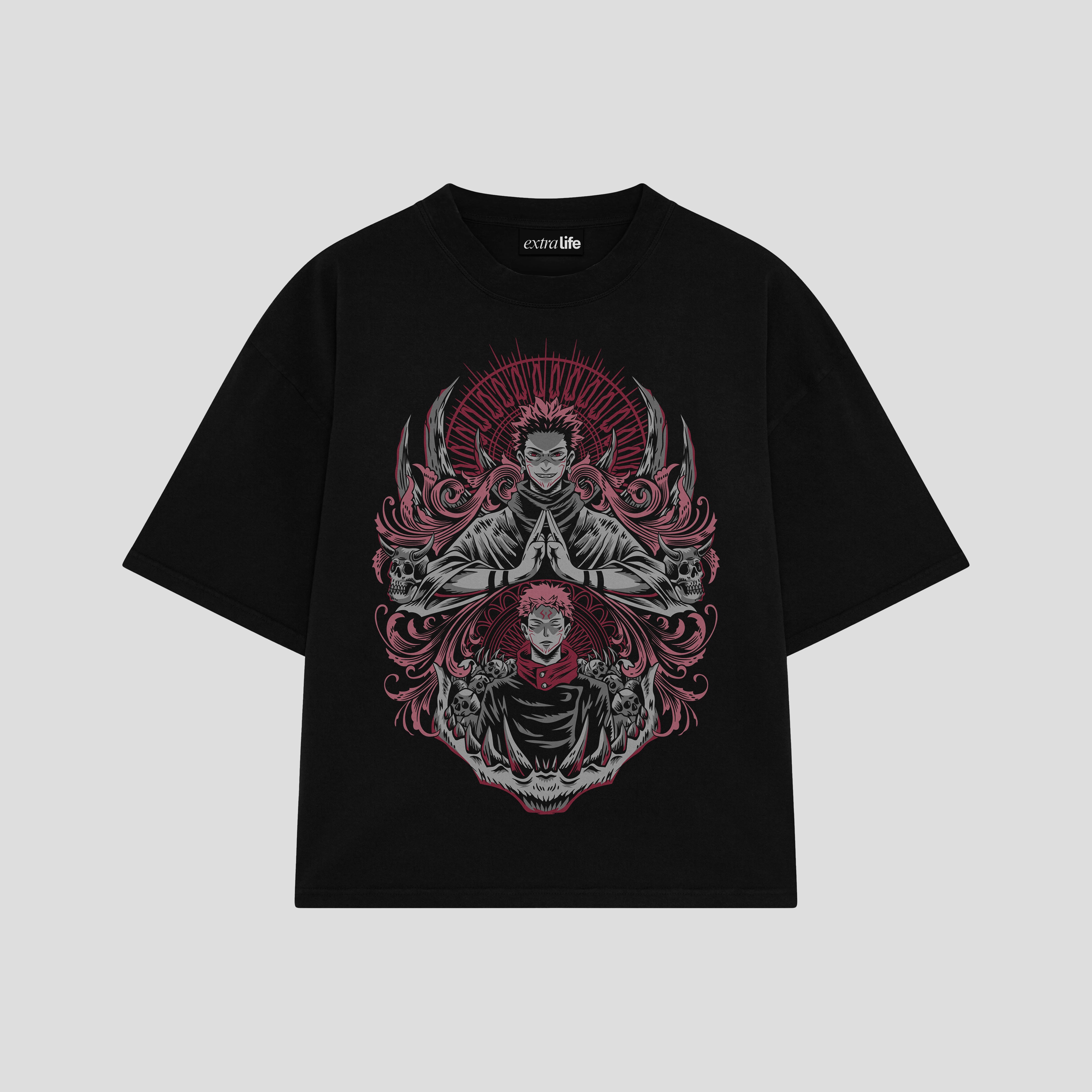 Playera streetwear premium de anime y gaming ExtraLife MX, corte boxy oversized drop shoulder heavyweight en color Deep Black y Off-White, moda urbana mexicana de culto.