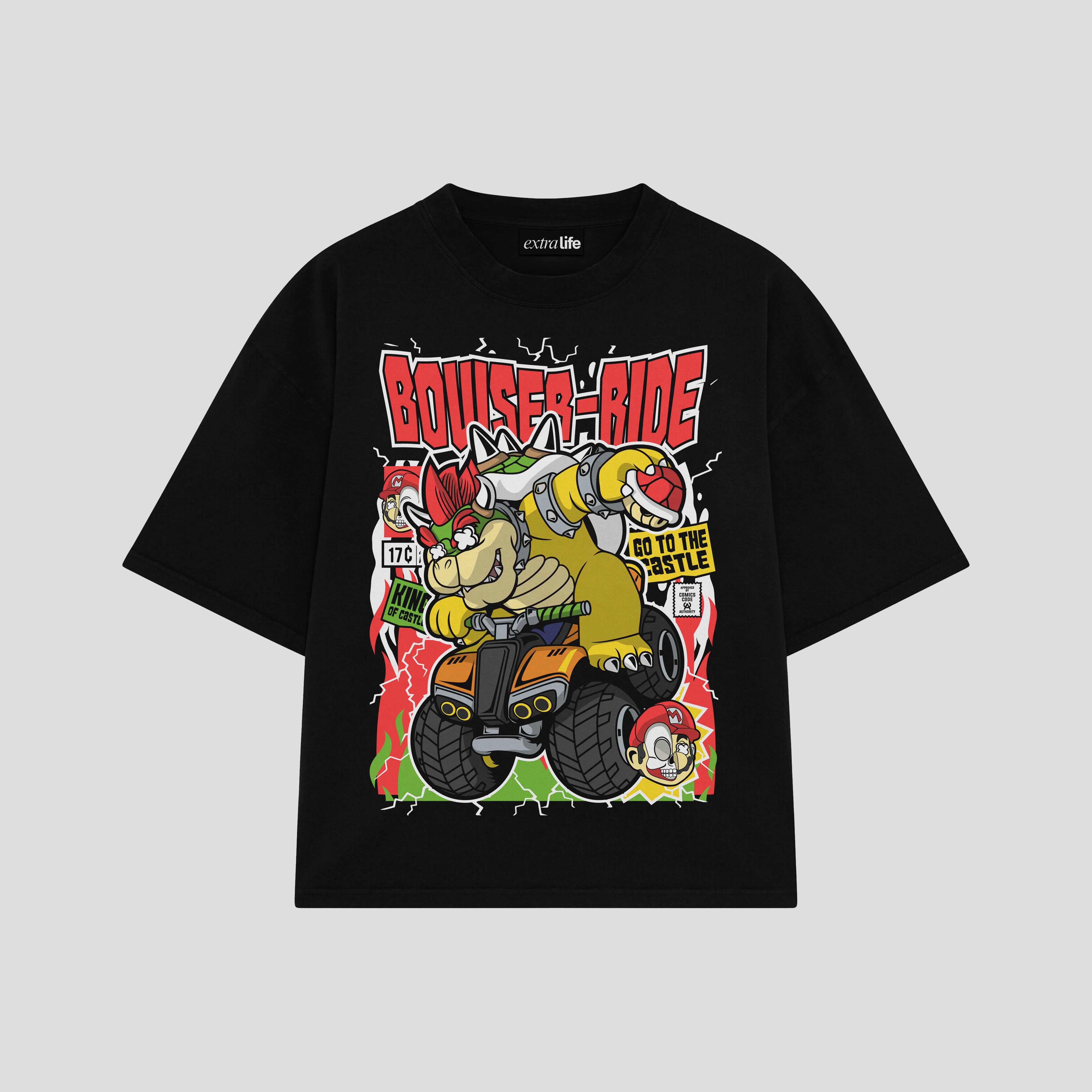 Playera streetwear premium de anime y gaming ExtraLife MX, corte boxy oversized drop shoulder heavyweight en color Deep Black y Off-White, moda urbana mexicana de culto.
