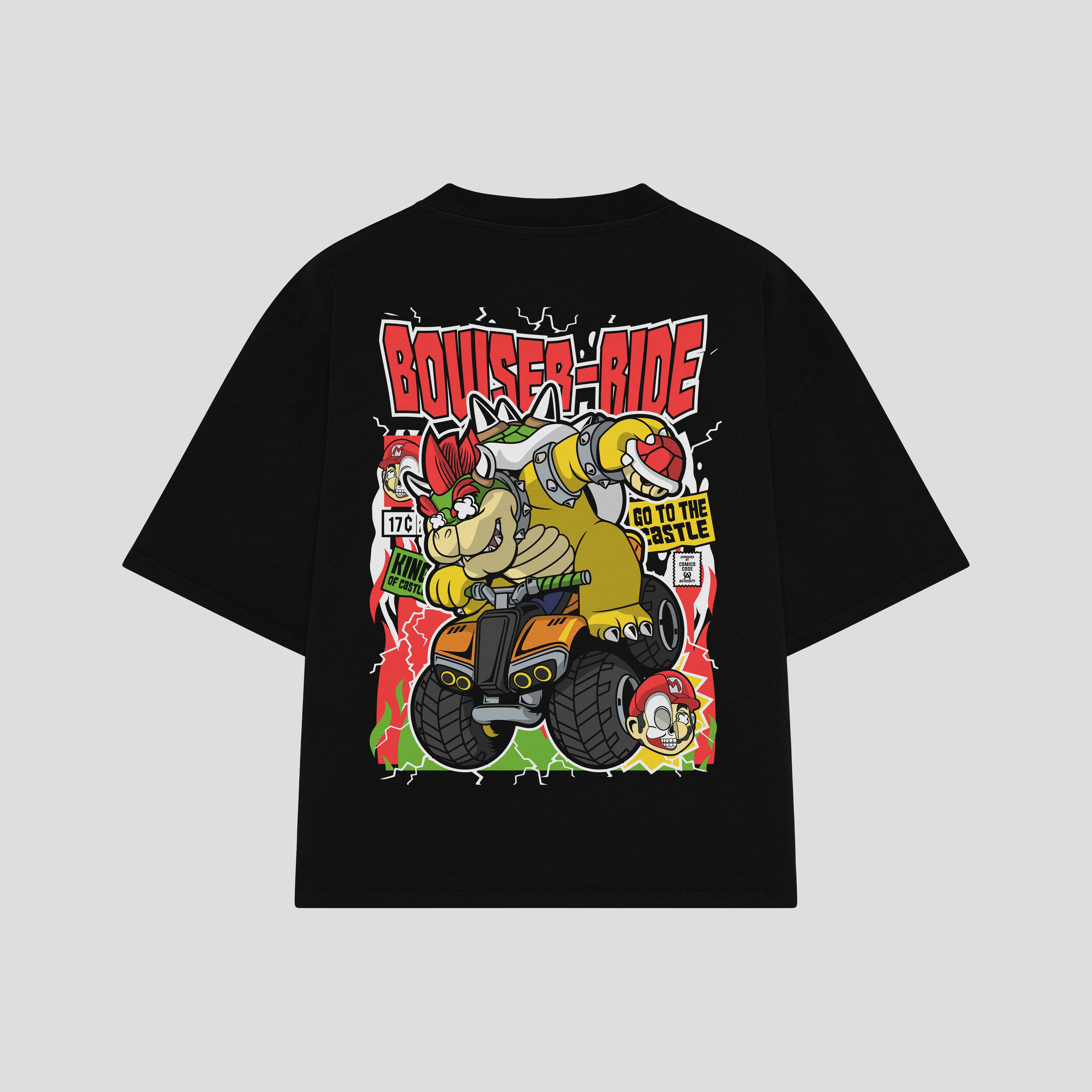 Playera streetwear premium de anime y gaming ExtraLife MX, corte boxy oversized drop shoulder heavyweight en color Deep Black y Off-White, moda urbana mexicana de culto.