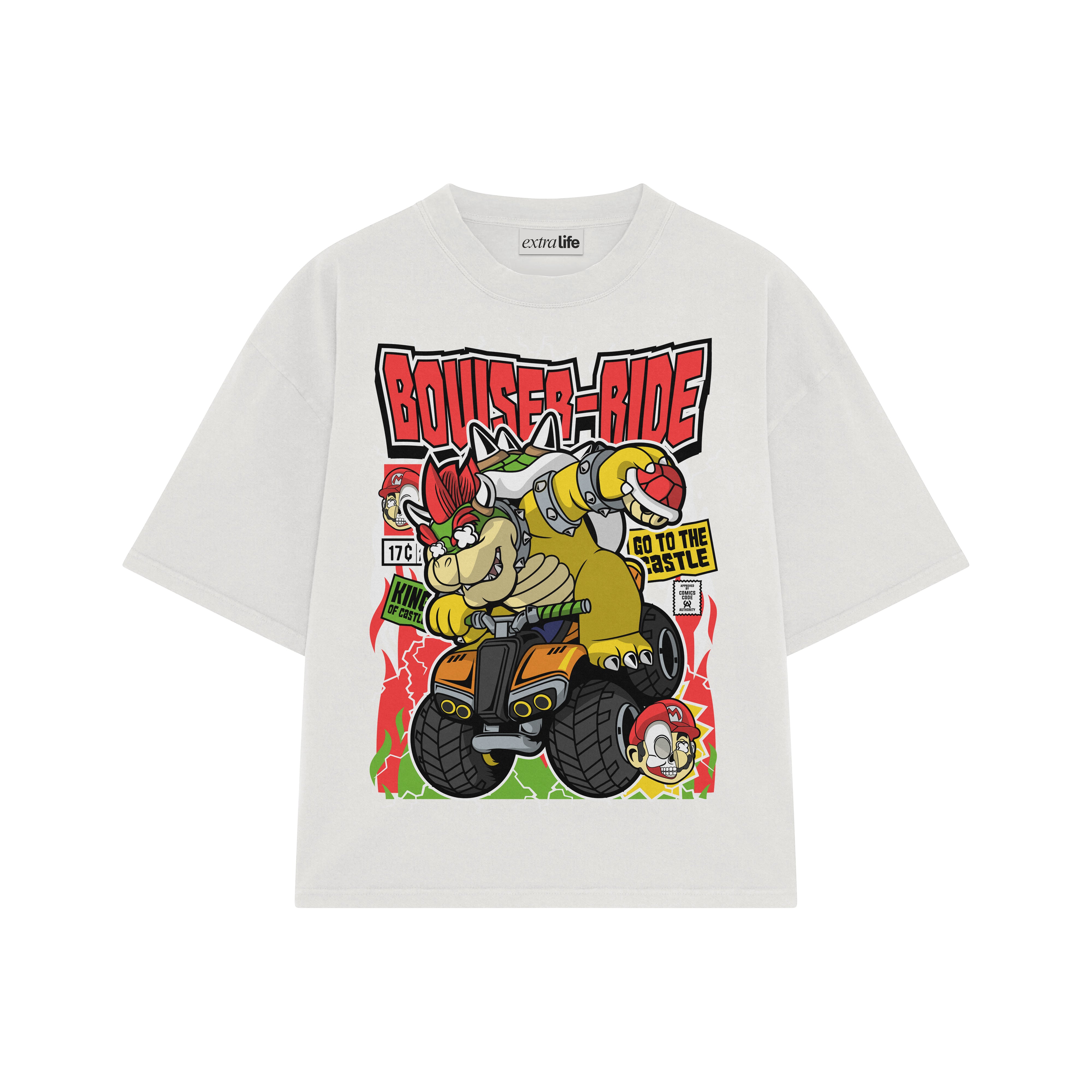 Playera streetwear premium de anime y gaming ExtraLife MX, corte boxy oversized drop shoulder heavyweight en color Deep Black y Off-White, moda urbana mexicana de culto.