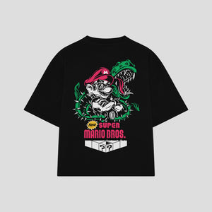 Playera streetwear premium de anime y gaming ExtraLife MX, corte boxy oversized drop shoulder heavyweight en color Deep Black y Off-White, moda urbana mexicana de culto.