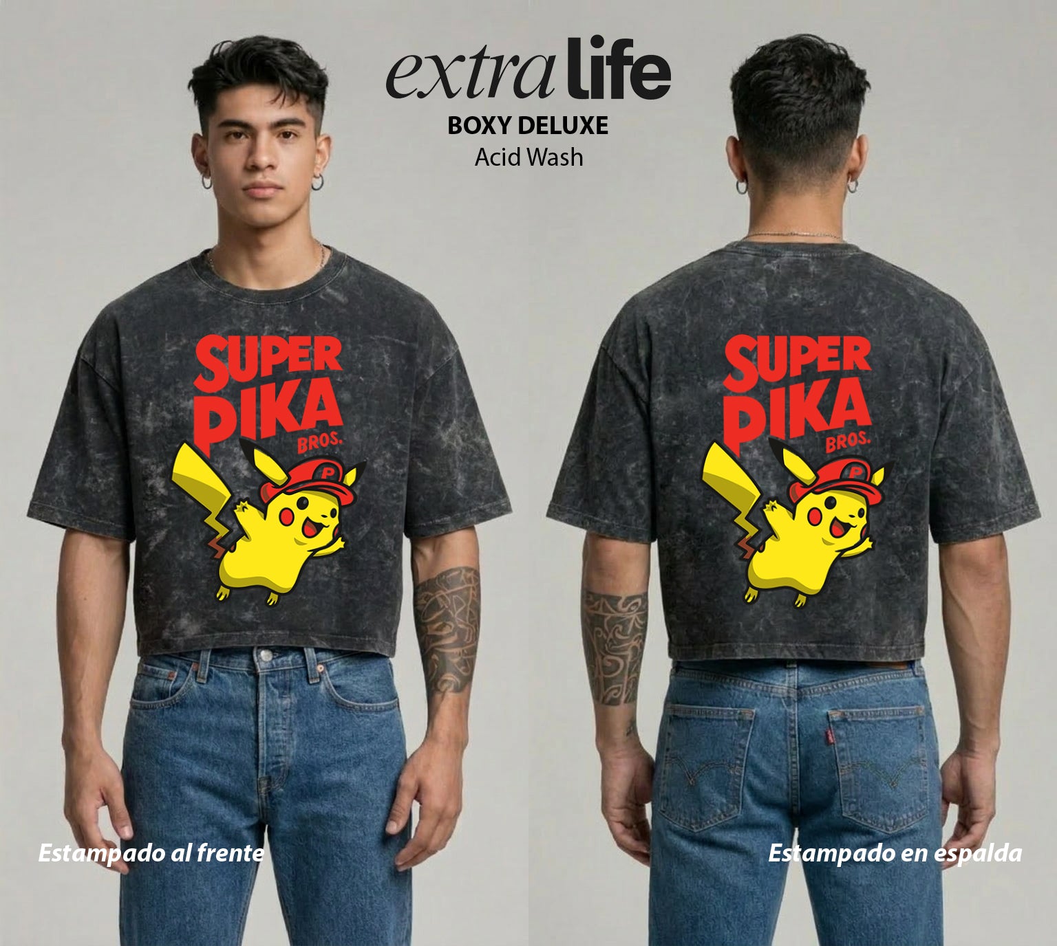 Playera streetwear premium de anime y gaming ExtraLife MX, corte boxy deluxe mineral wash heavyweight en color Acid Wash, moda urbana mexicana de culto.