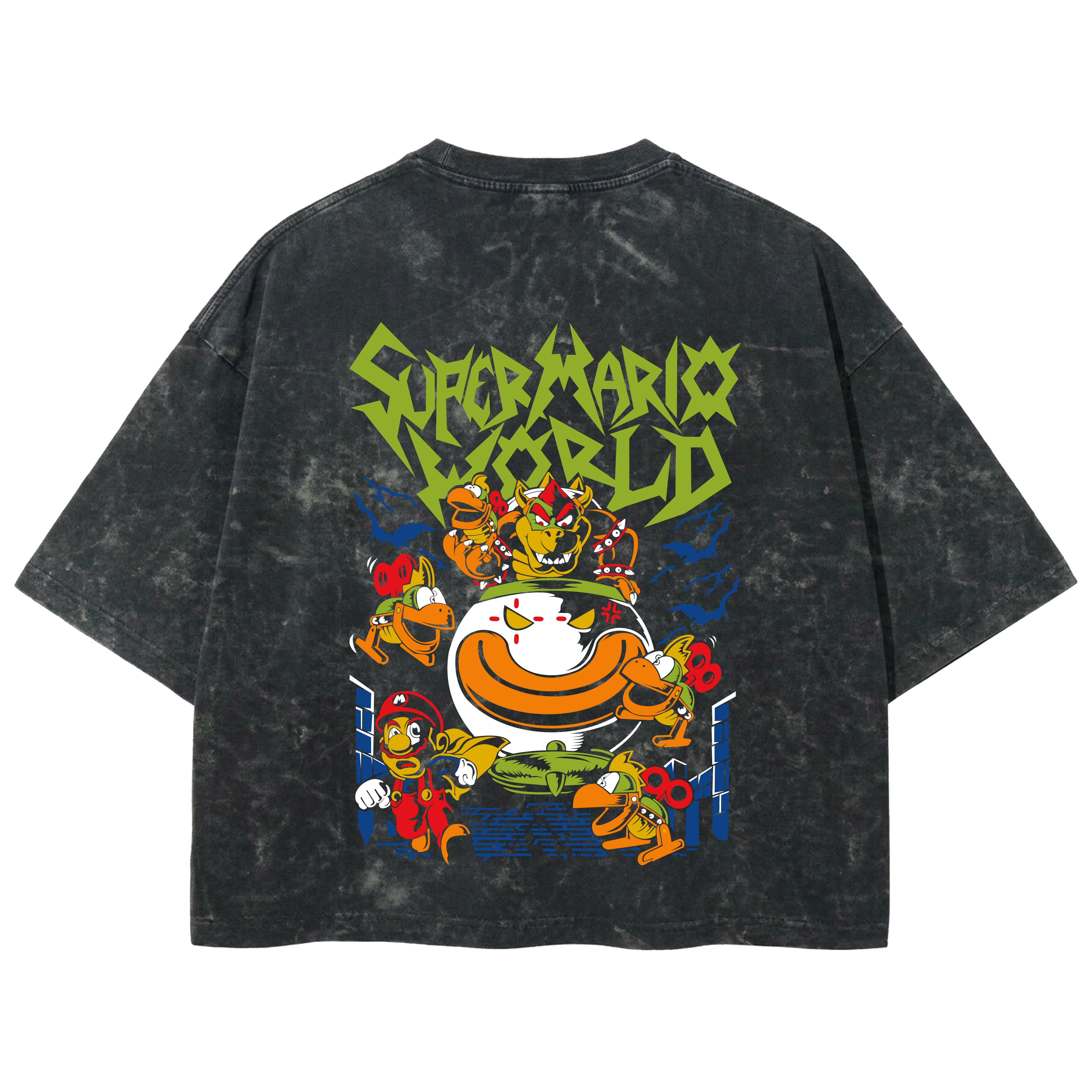 Playera streetwear premium de anime y gaming ExtraLife MX, corte boxy deluxe mineral wash heavyweight en color Acid Wash, moda urbana mexicana de culto.