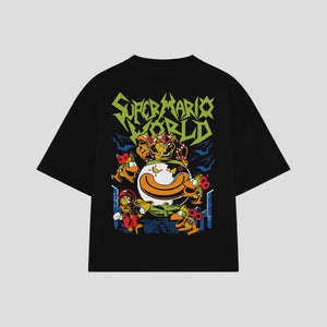 Playera streetwear premium de anime y gaming ExtraLife MX, corte boxy oversized drop shoulder heavyweight en color Deep Black y Off-White, moda urbana mexicana de culto.