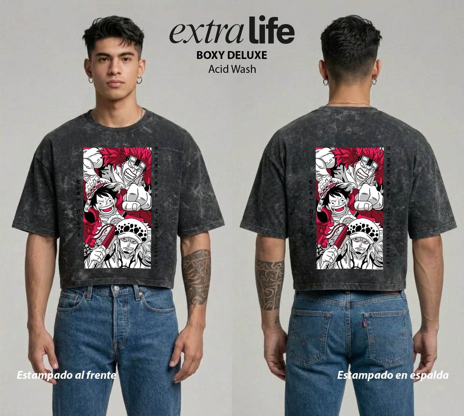 Playera streetwear premium de anime y gaming ExtraLife MX, corte boxy deluxe mineral wash heavyweight en color Acid Wash, moda urbana mexicana de culto.